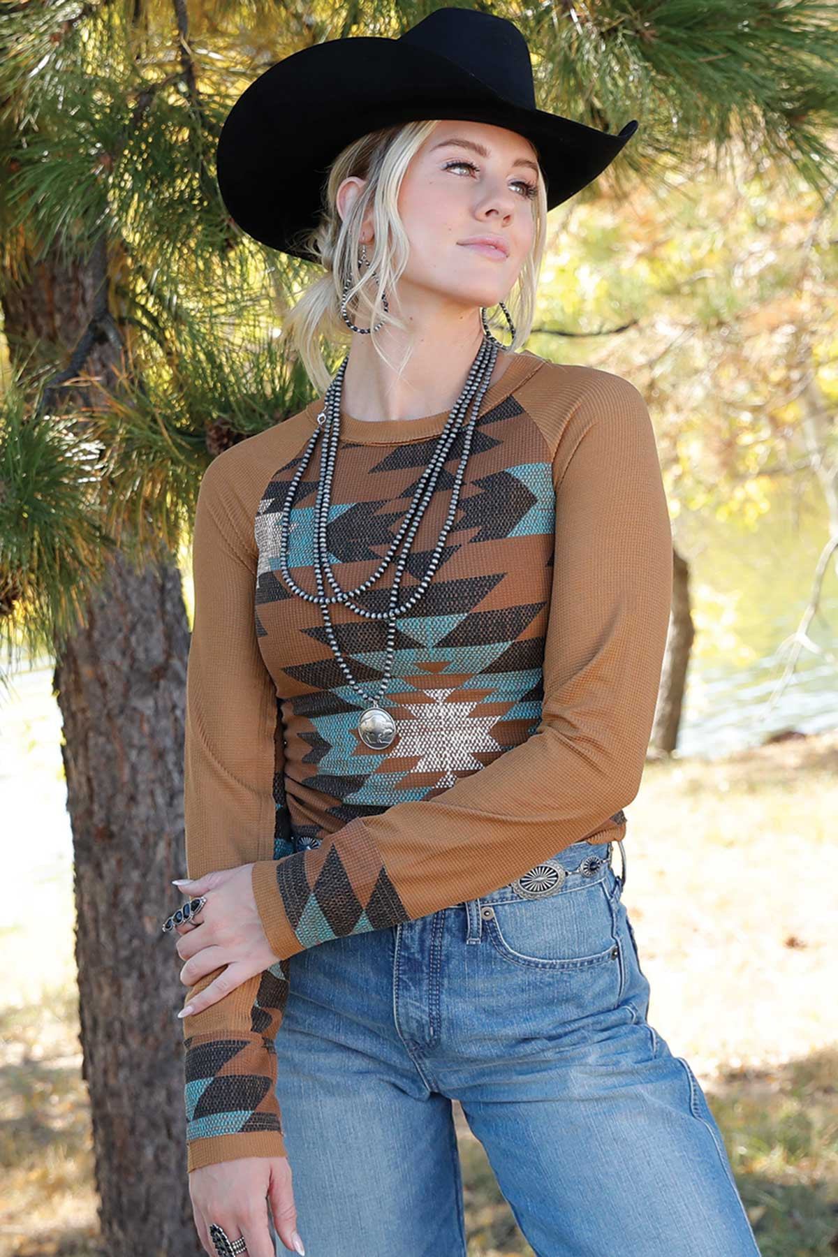 Cruel Women's Long Sleeve Print Top - Brown (Closeout)