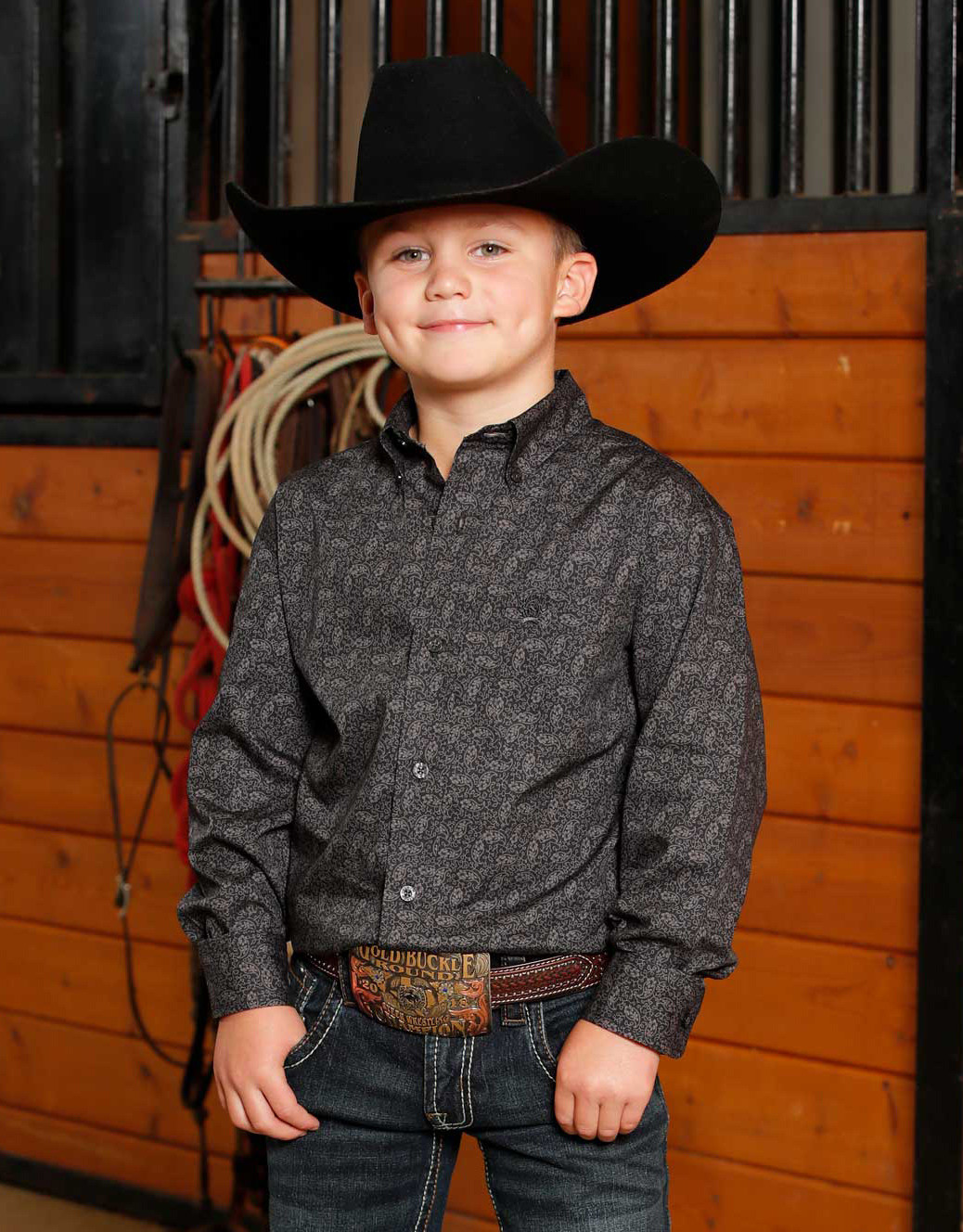 Cinch Boys' Long Sleeve Print Button Down Shirt - Charcoal Grey