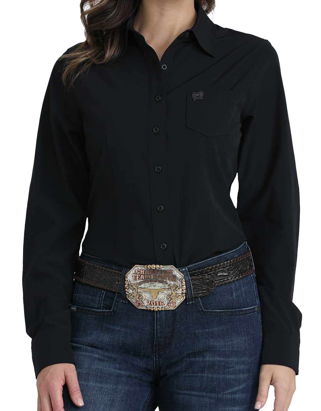 Cinch Women's Arenaflex Long Sleeve Solid Button Down Shirt - Black