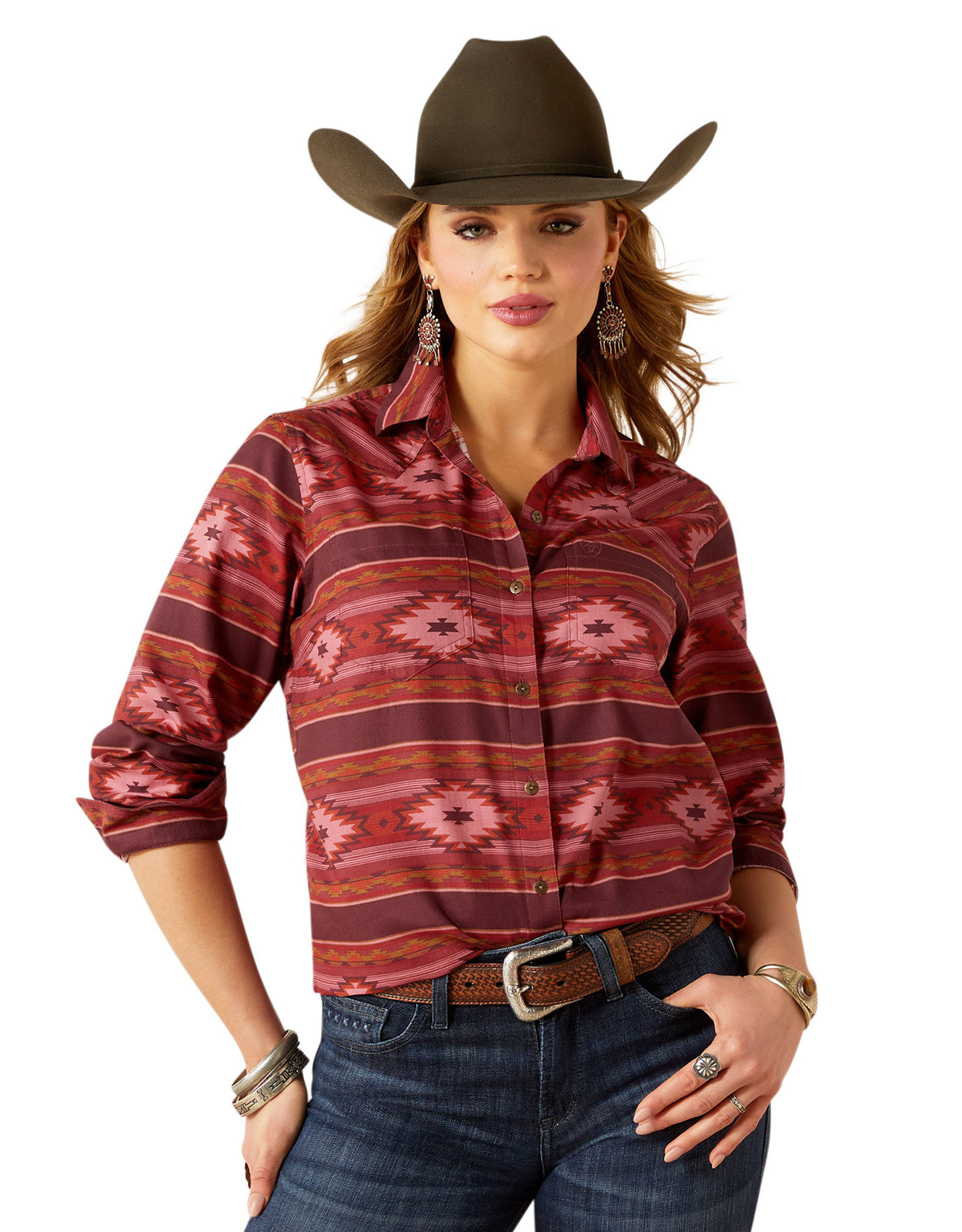 Ariat Women's Billie Jean Long Sleeve Print Button Shirt - Dark Pink