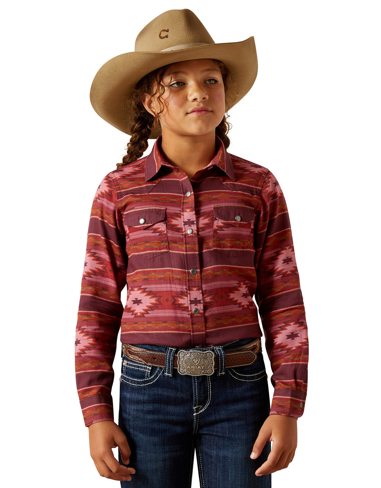 Ariat Girls' Long Sleeve Print Button Shirt - Dark Pink