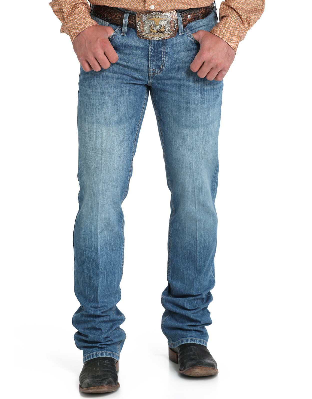 Cinch Men's Ian Stretch Mid Rise Slim Fit Boot Cut Jeans Light