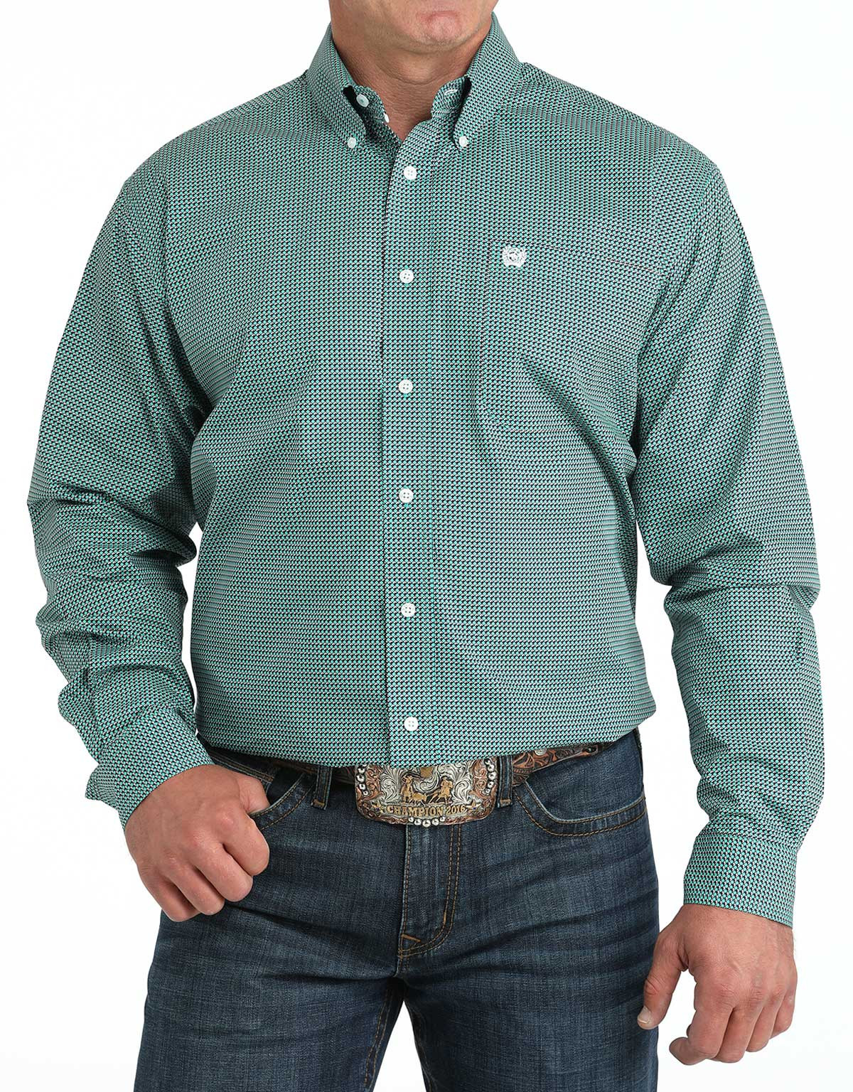Cinch Men's Long Sleeve Print Button Down Shirt - Turquoise/Blue
