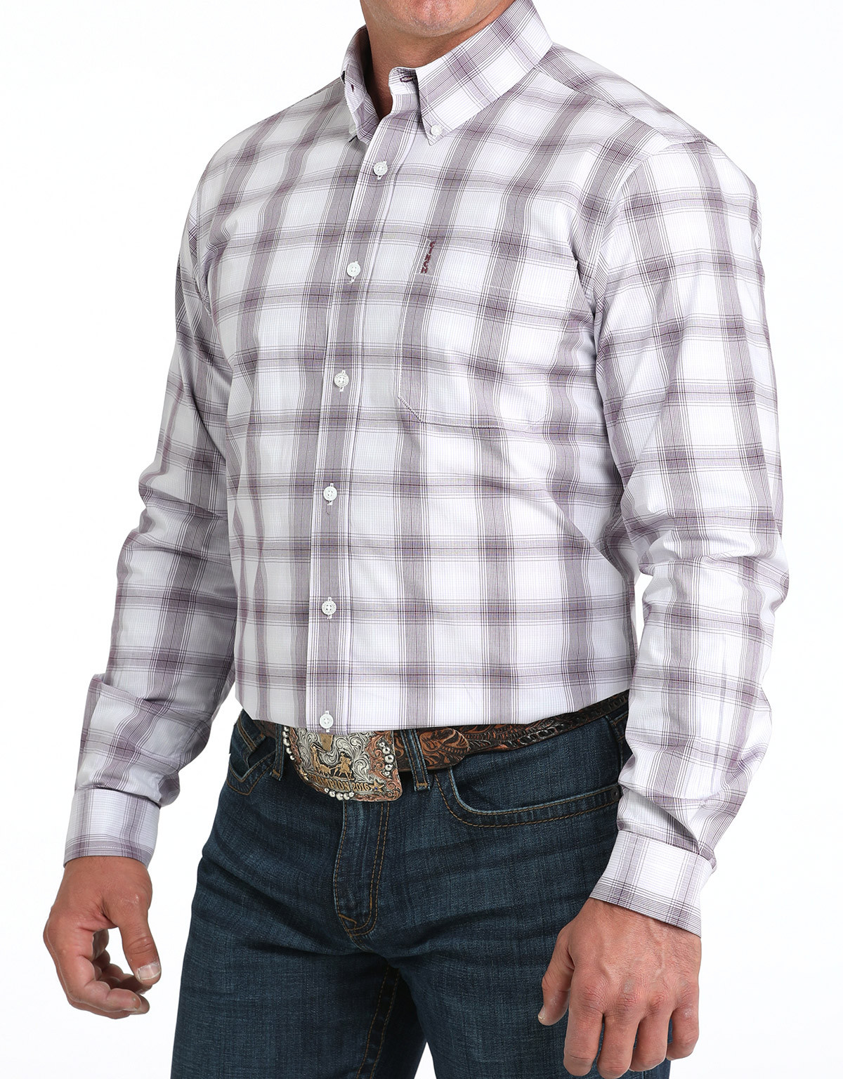 Cinch Men's Modern Fit Long Sleeve Plaid Button Down Shirt- Purple/White