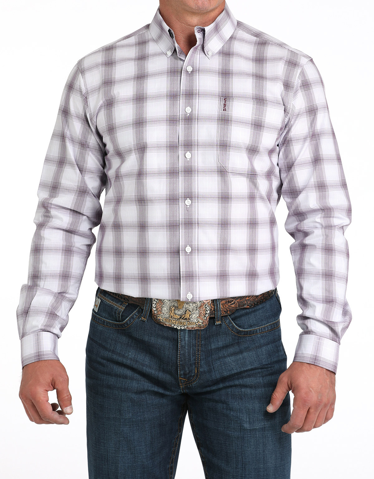 Cinch Men's Modern Fit Long Sleeve Plaid Button Down Shirt- Purple/White