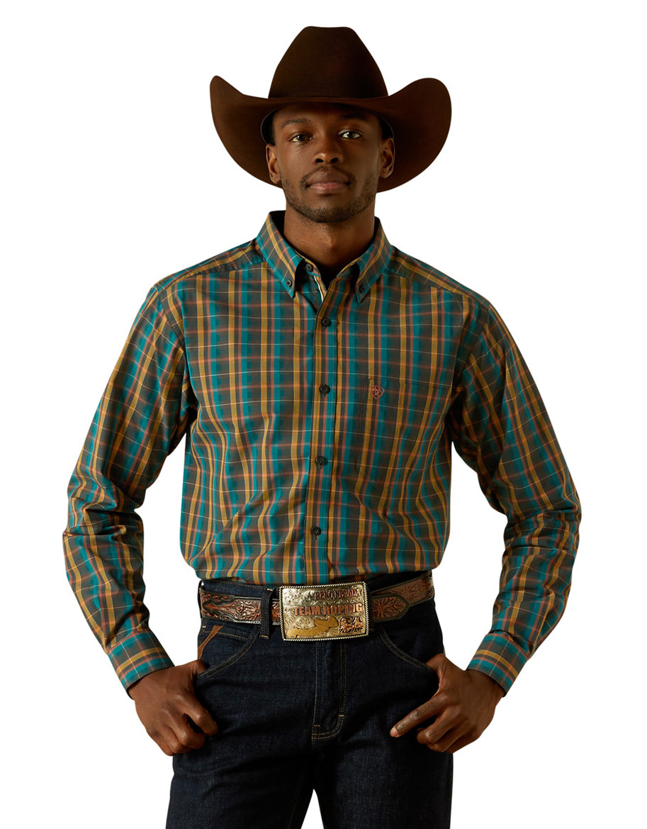Ariat Men's Pro Series Fitted Long Sleeve Plaid Button Down Shirt - Teal/Tan (Closeout)