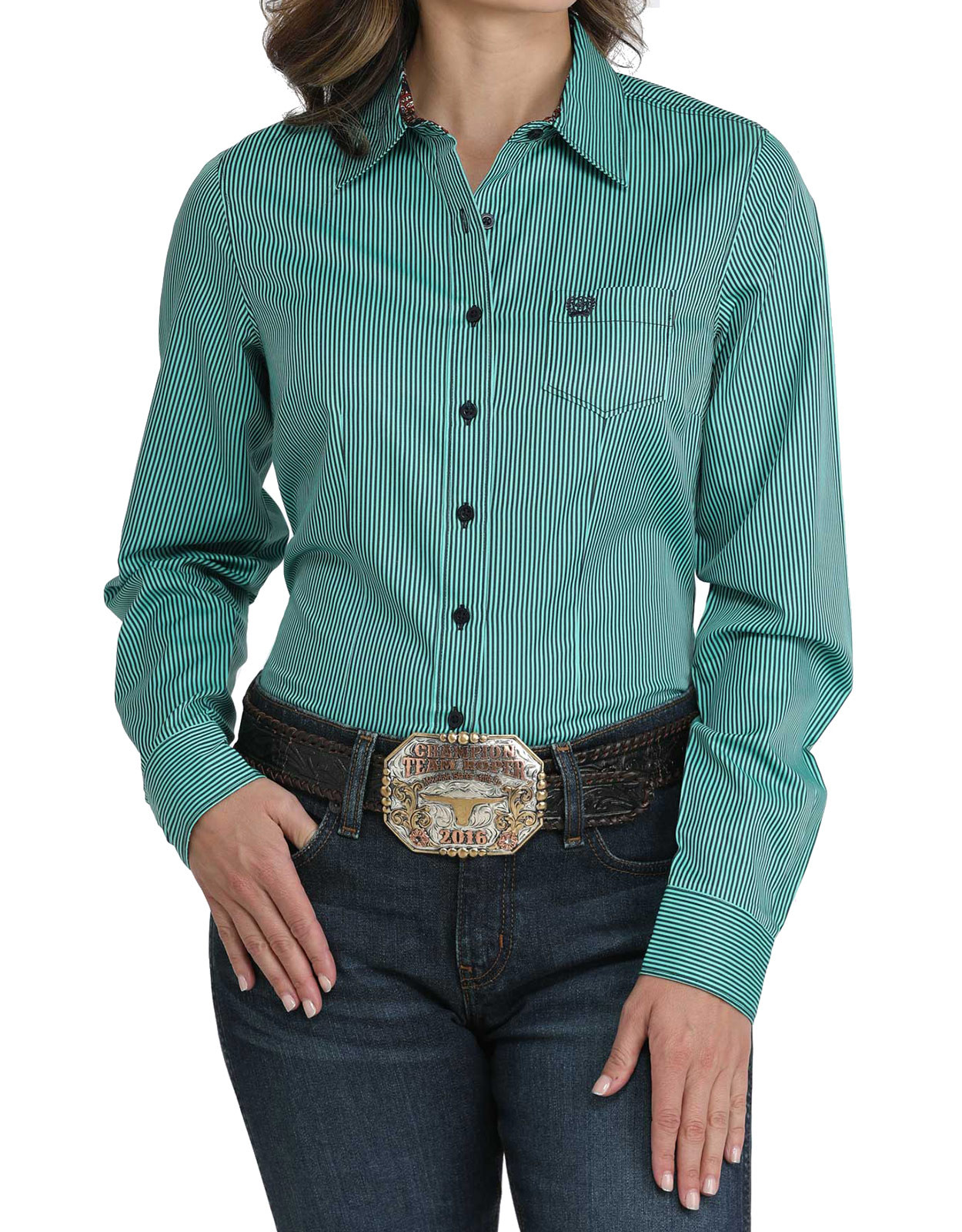 Cinch Women's Long Sleeve Stripe Button Down Shirt - Turquoise