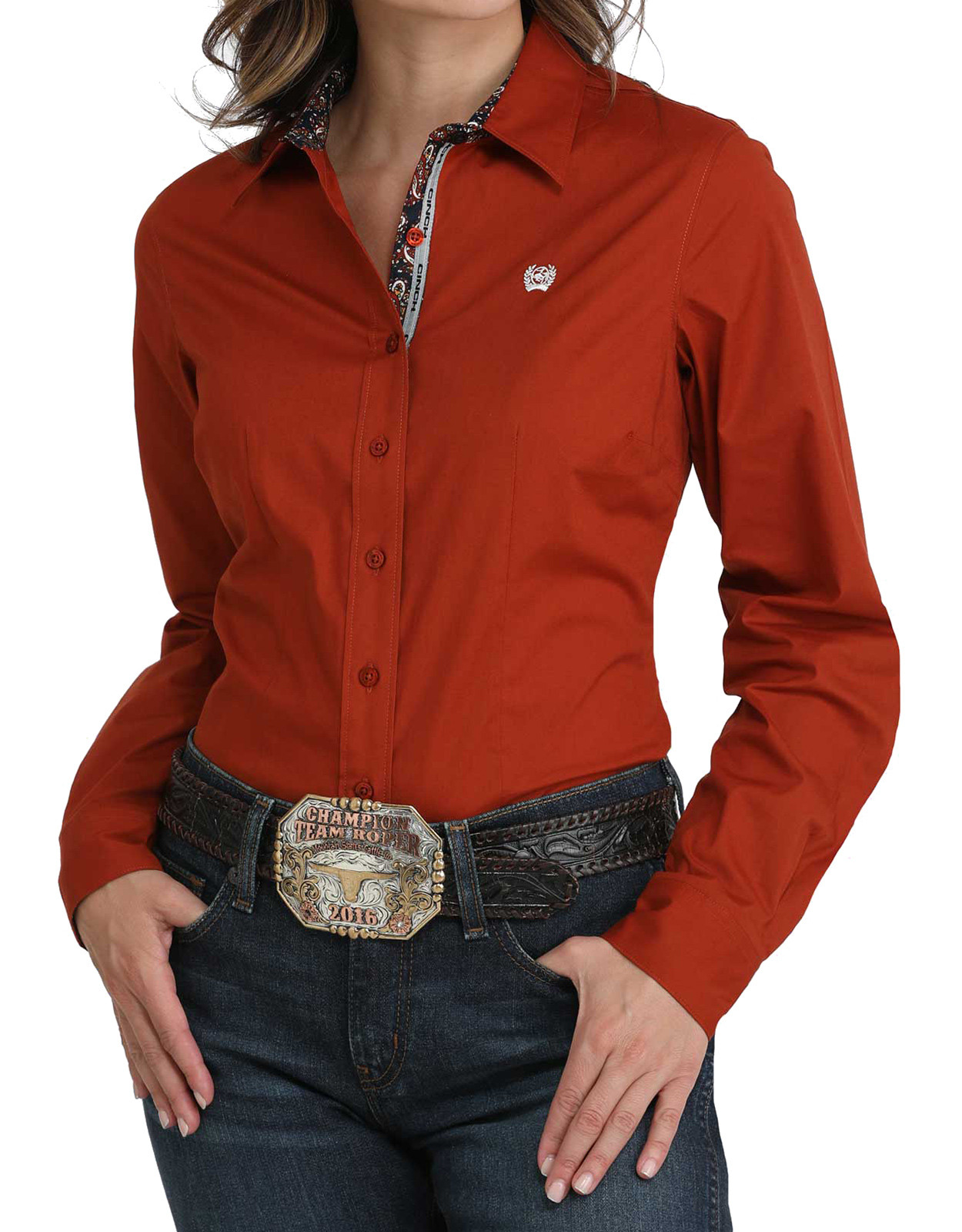 Cinch Women's Arenaflex Long Sleeve Solid Button Down Shirt - Burnt Orange