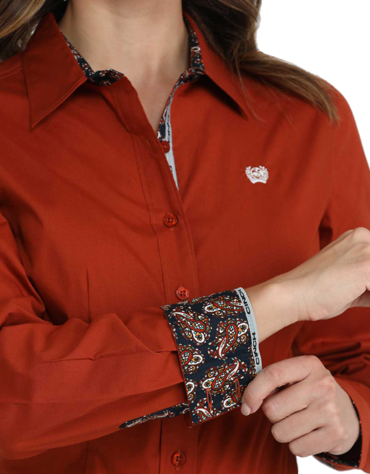 Cinch Women's Arenaflex Long Sleeve Solid Button Down Shirt - Burnt Orange