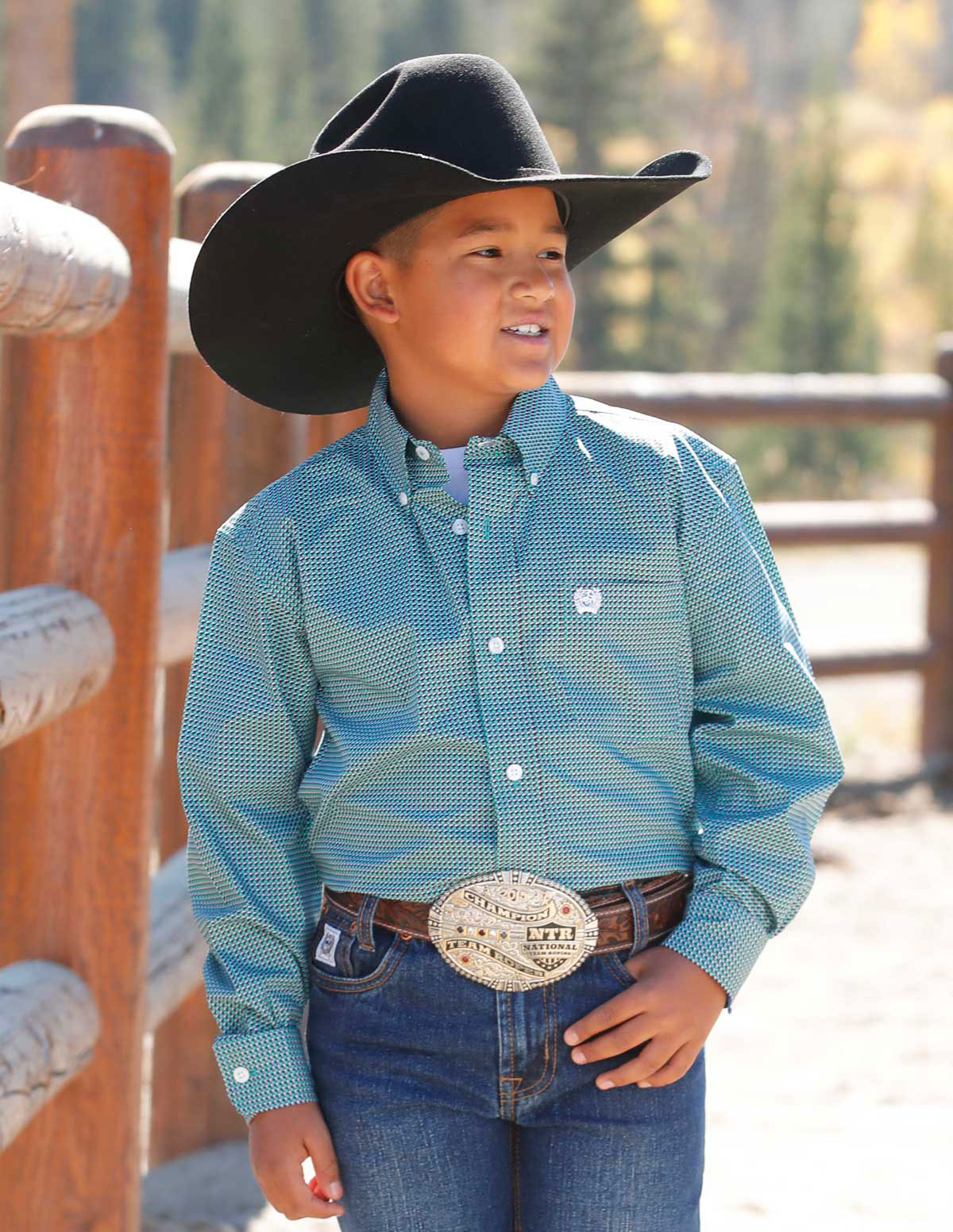 Cinch Boys' Long Sleeve Print Button Down Shirt - Turquoise/Blue