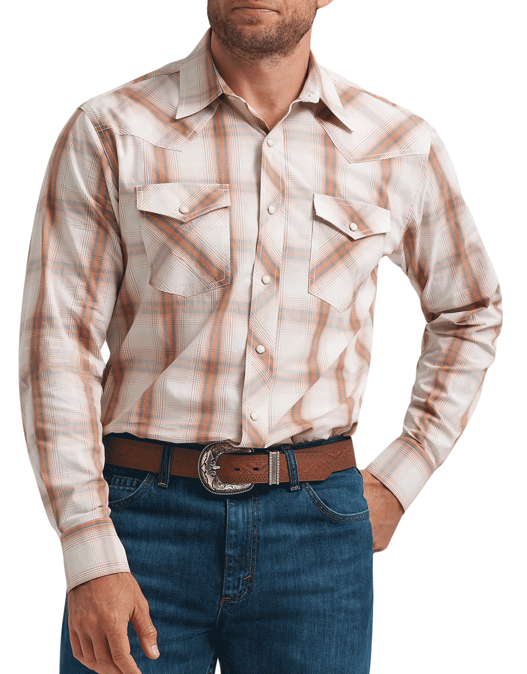 Wrangler Men's Stretch 20X Competition Advanced Comfort Long Sleeve Plaid Snap Shirt - Cream/Orange
