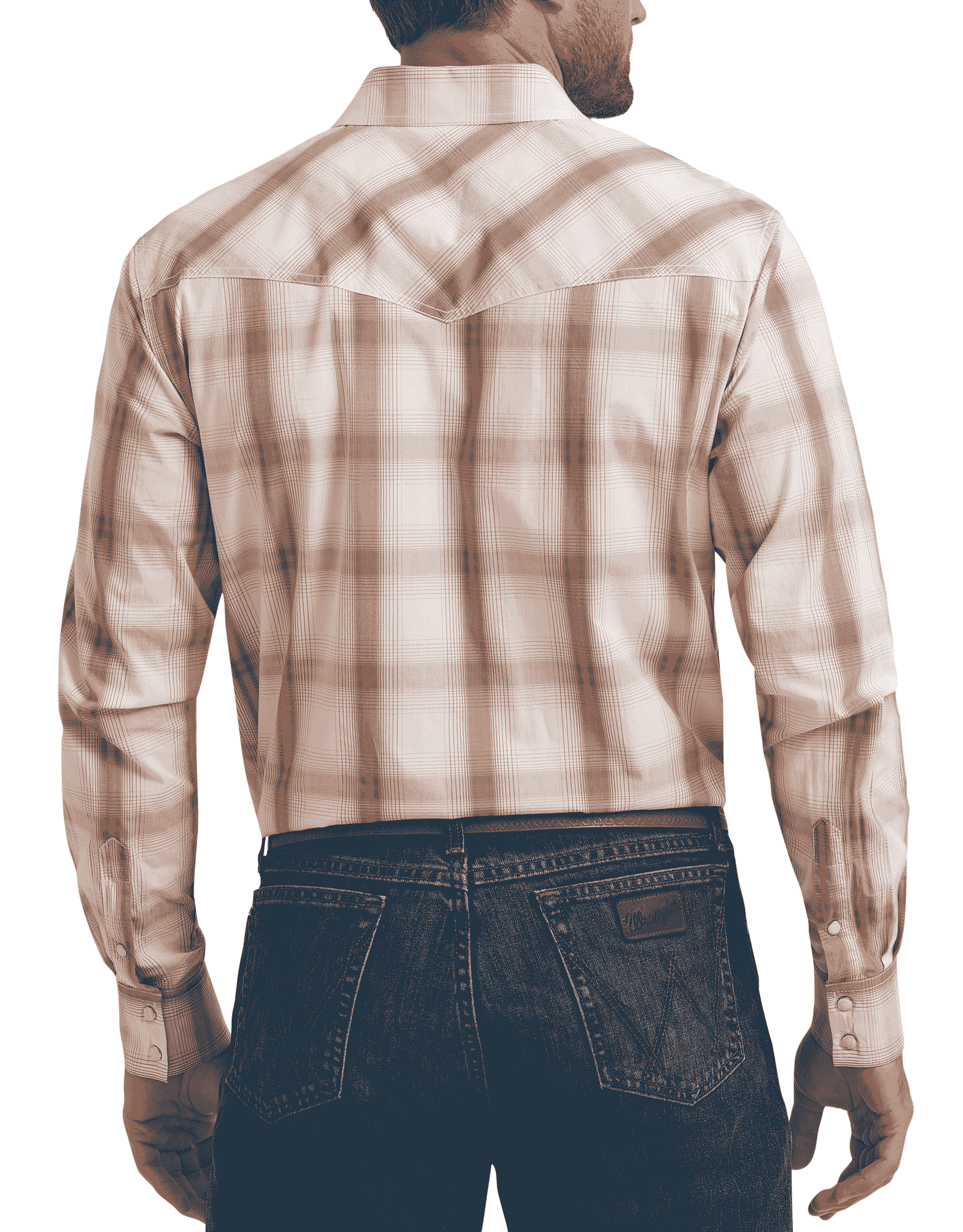 Wrangler Men's Stretch 20X Competition Advanced Comfort Long Sleeve Plaid Snap Shirt - Cream/Orange