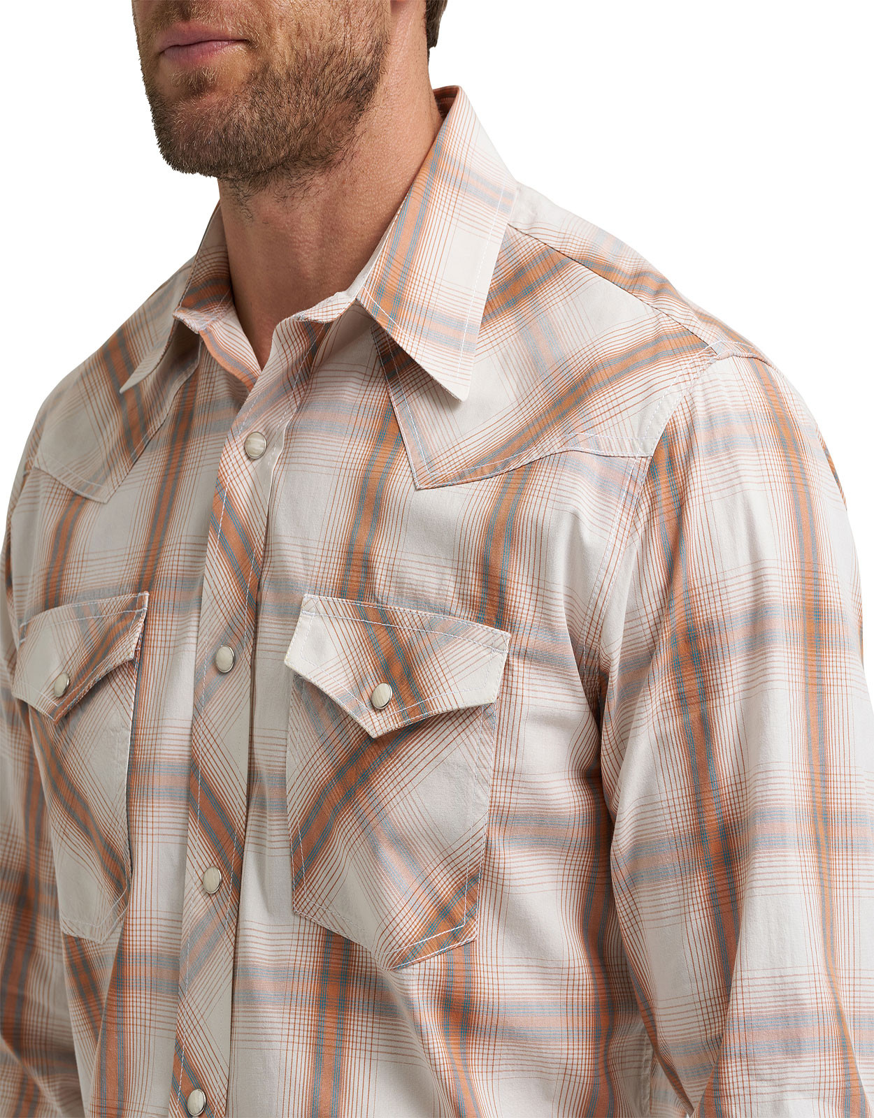 Wrangler Men's Stretch 20X Competition Advanced Comfort Long Sleeve Plaid Snap Shirt - Cream/Orange