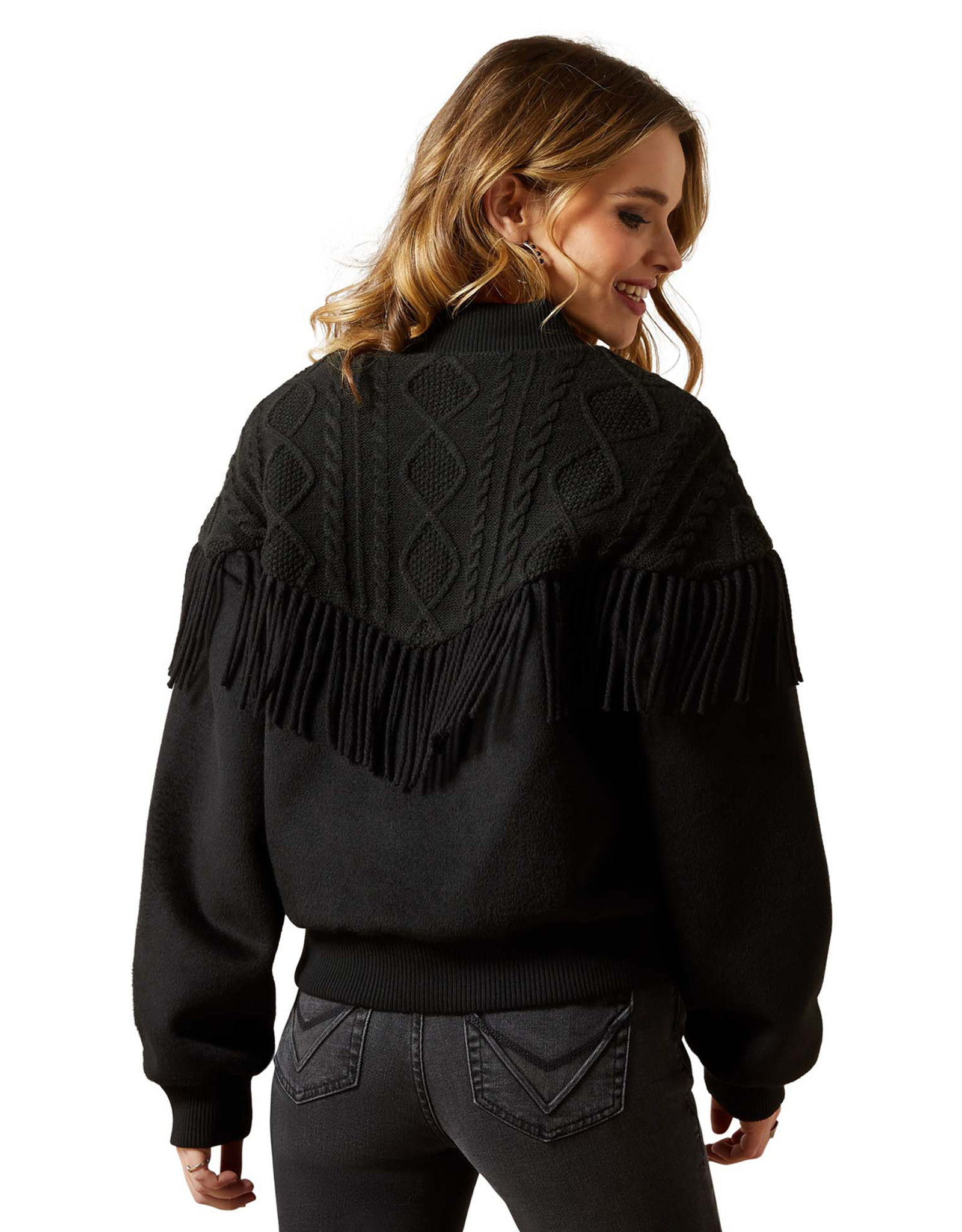 Ariat Women's Sweater Fringe Solid Zip Bomber Jacket - Black
