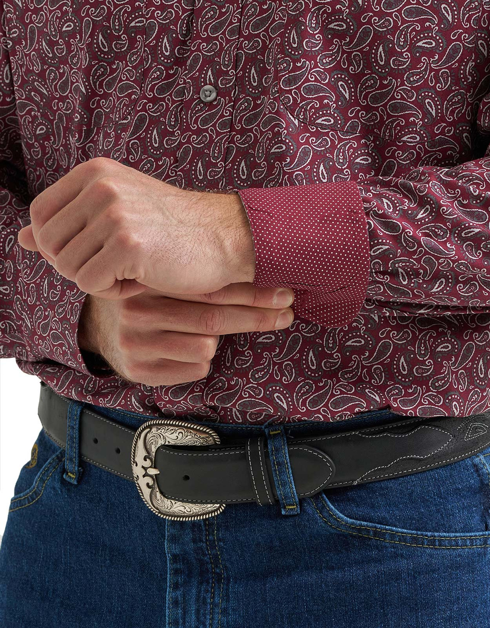 Wrangler Men's George Strait Stretch Long Sleeve Print Button Down Shirt - Wine/Grey