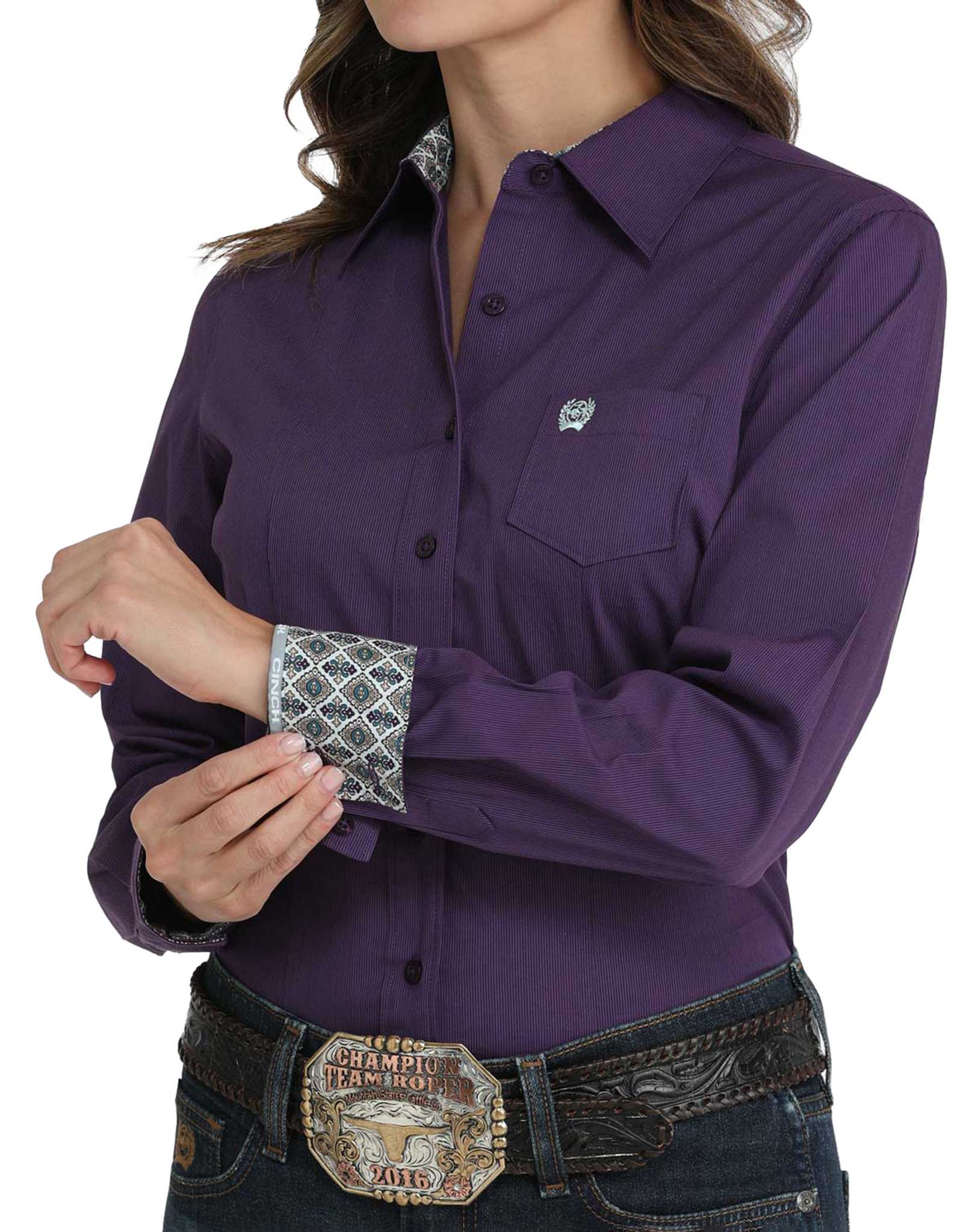 Cinch Women's Stretch Long Sleeve Stripe Button Down Shirt - Purple