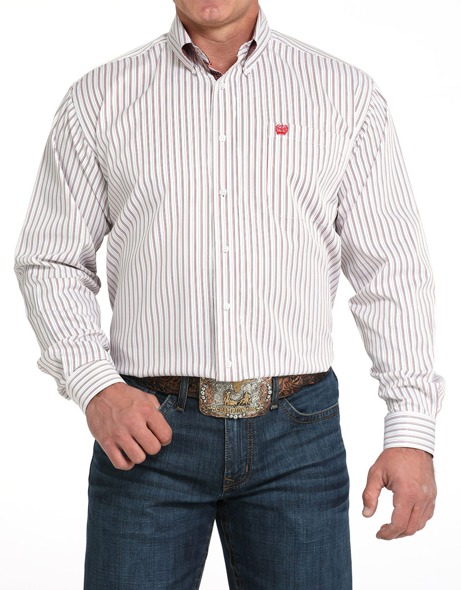 Cinch Men's Long Sleeve Stripe Button Down Shirt - White/Red