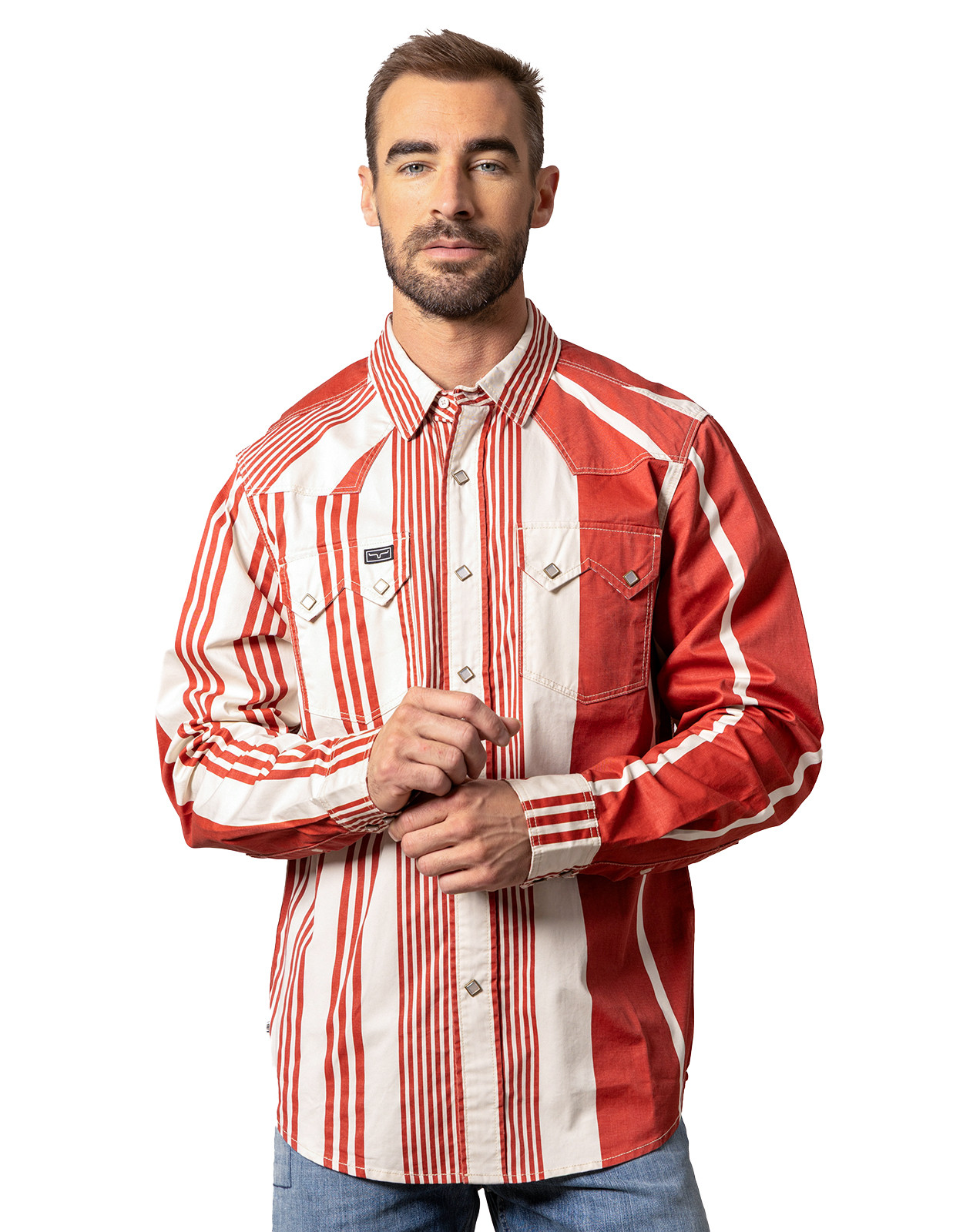 Kimes Ranch Men's Bandit Long Sleeve Stripe Snap Shirt - Natural/Red (Closeout)