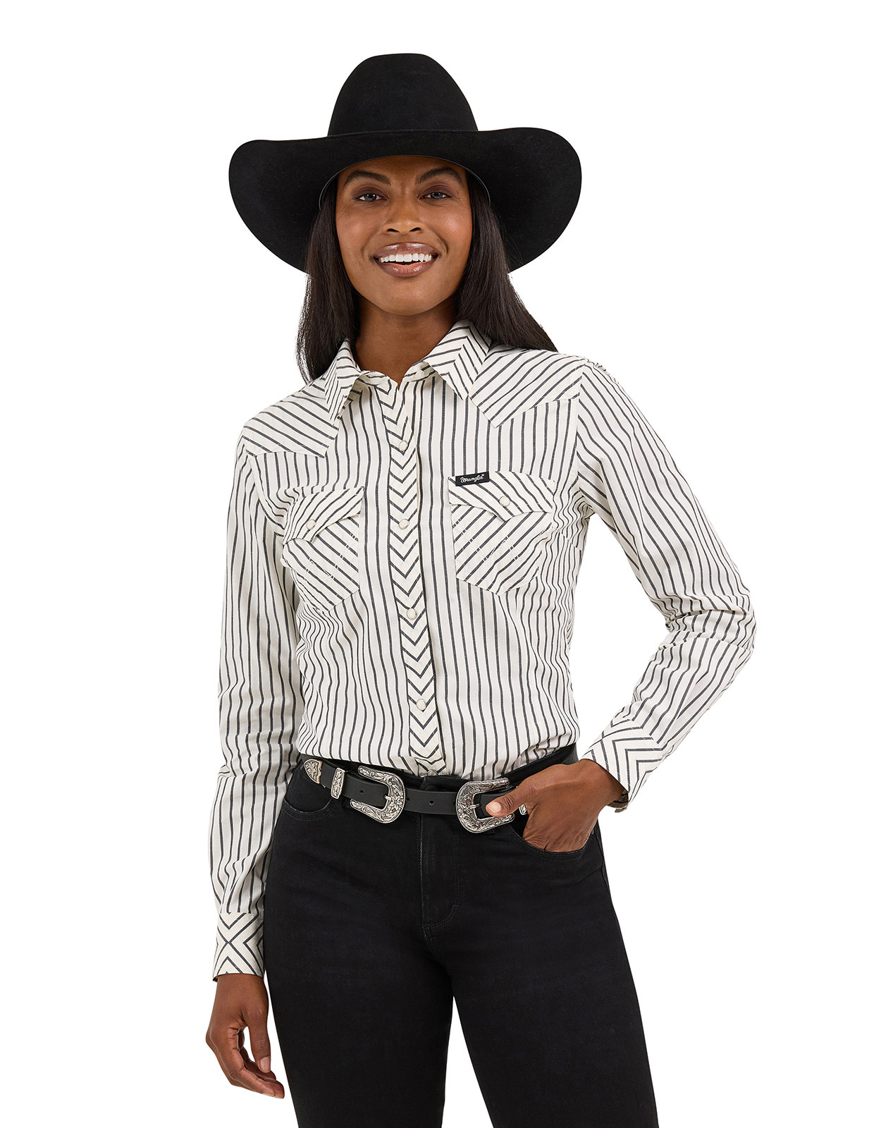 Wrangler Retro Women's Long Sleeve Stripe Snap Shirt - White/Grey