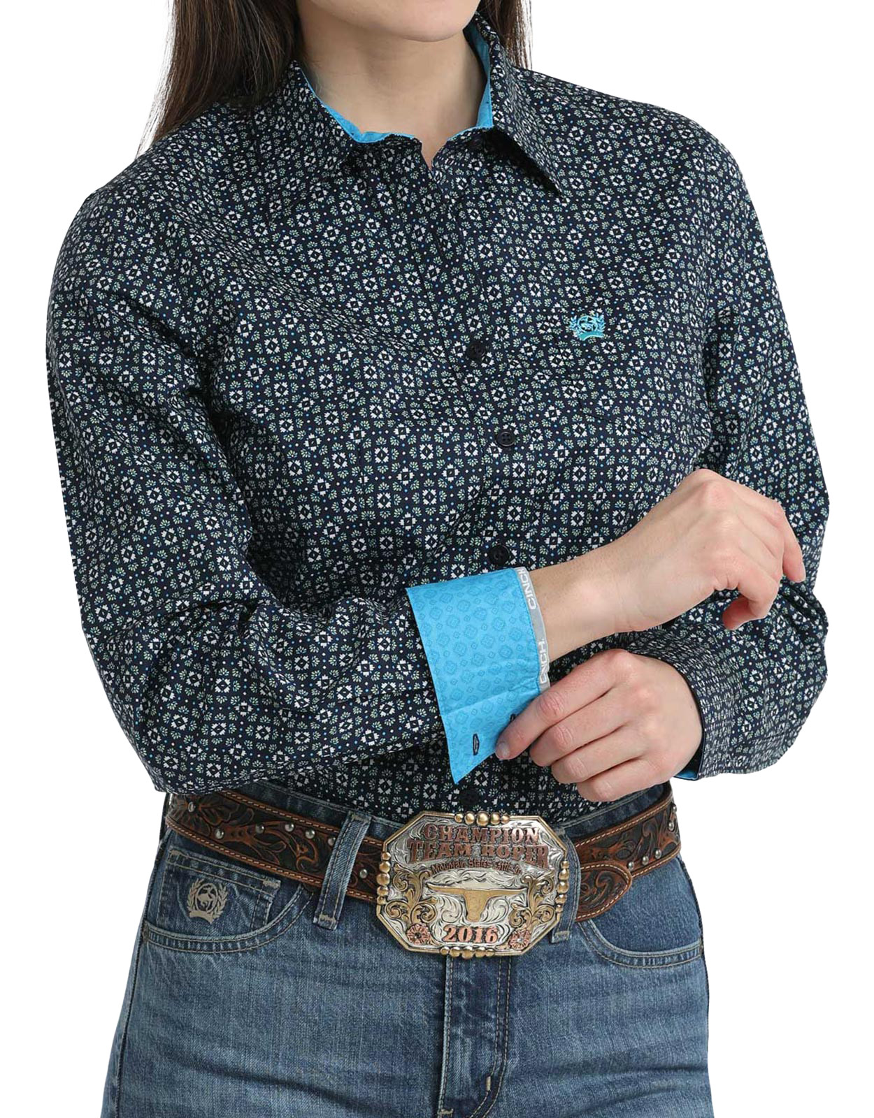 Cinch Women's Stretch Long Sleeve Print Button Down Shirt - Navy/Green