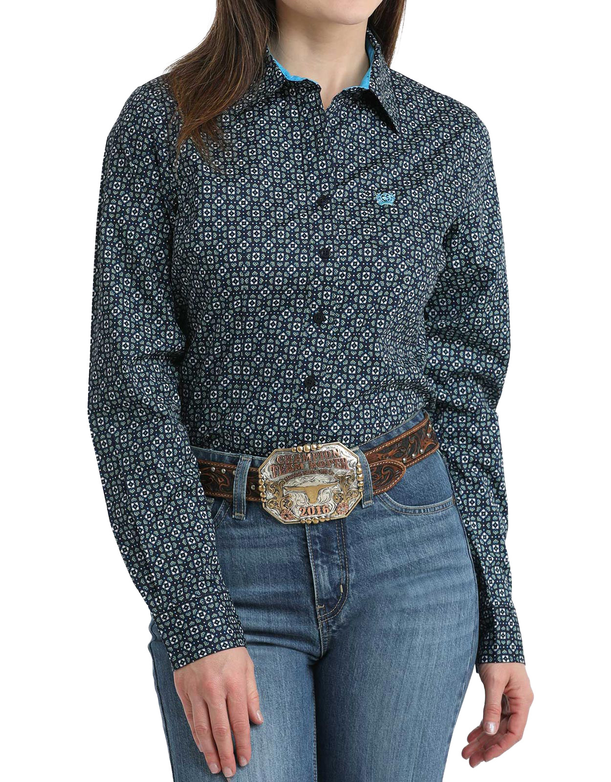 Cinch Women's Stretch Long Sleeve Print Button Down Shirt - Navy/Green