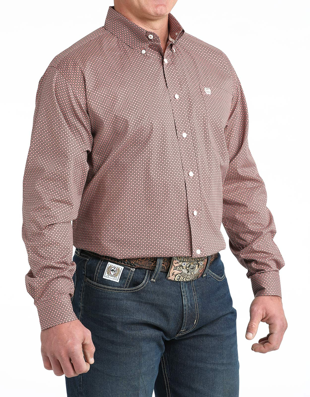 Cinch Men's Long Sleeve Print Button Down Shirt - Pink/Red
