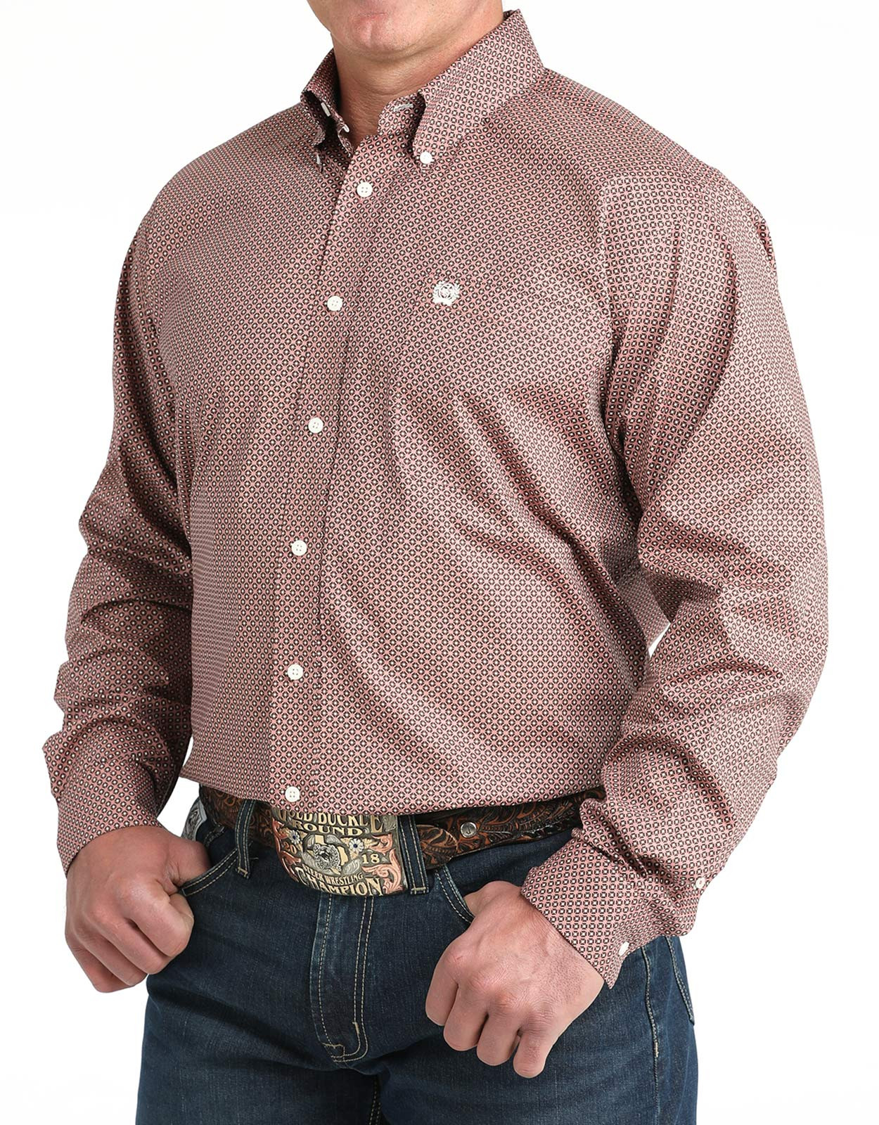 Cinch Men's Long Sleeve Print Button Down Shirt - Pink/Red
