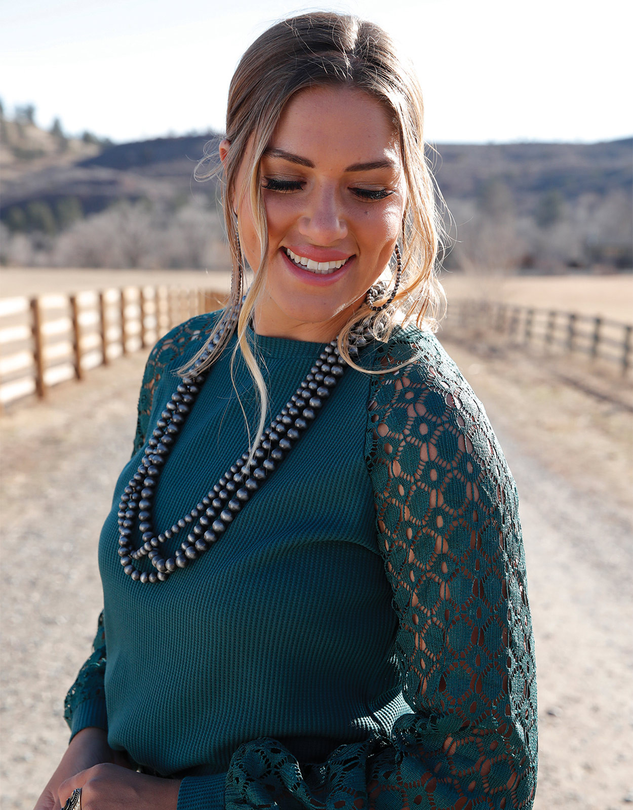 Cruel Women's Crochet Long Sleeve Solid Top - Forest Green