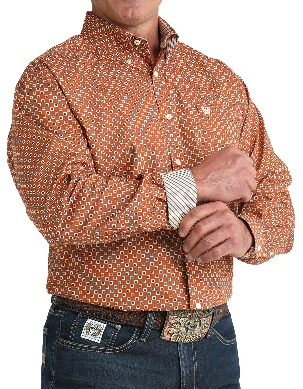 Cinch Men's Long Sleeve Print Button Down Shirt - Brown/Cream