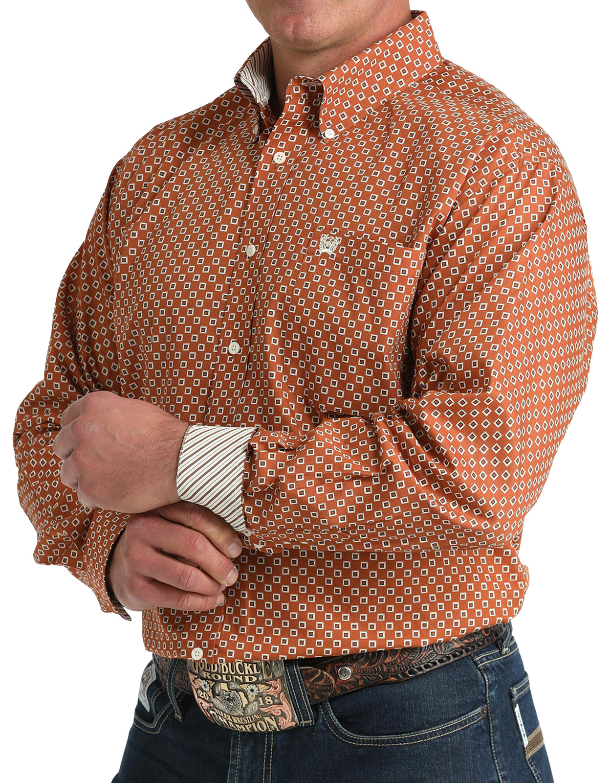 Cinch Men's Long Sleeve Print Button Down Shirt - Brown/Cream