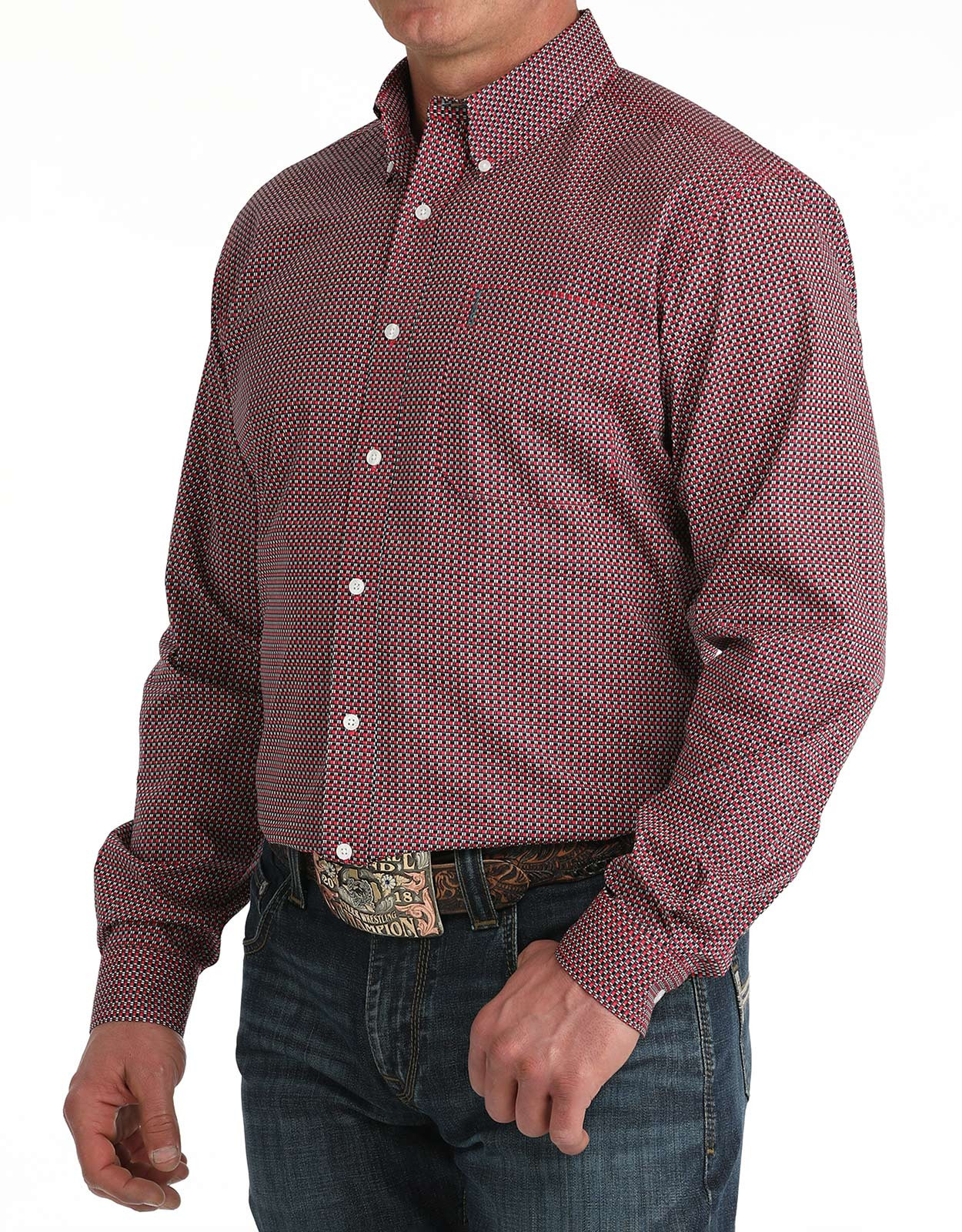 Cinch Men's Modern Fit Long Sleeve Print Button Down Shirt- Pink/Black