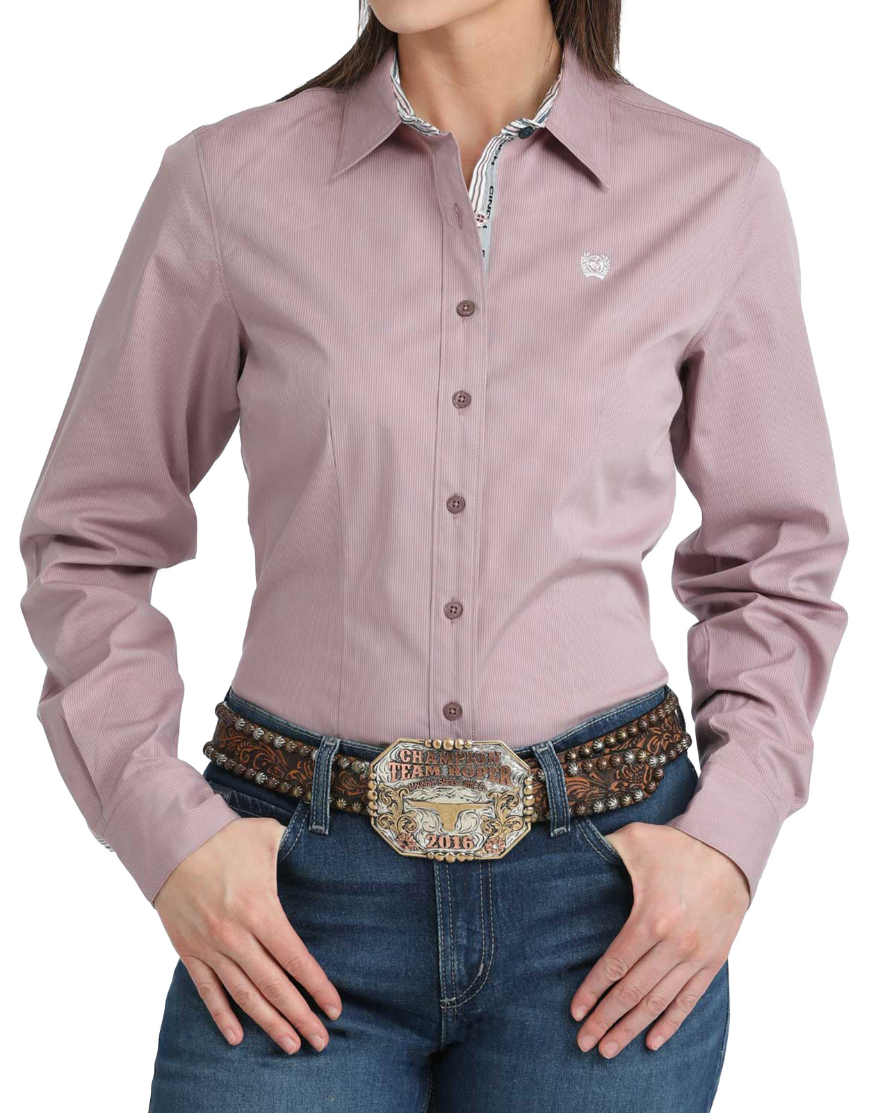 Cinch Women's Stretch Long Sleeve Stripe Button Down Shirt - Lilac Purple