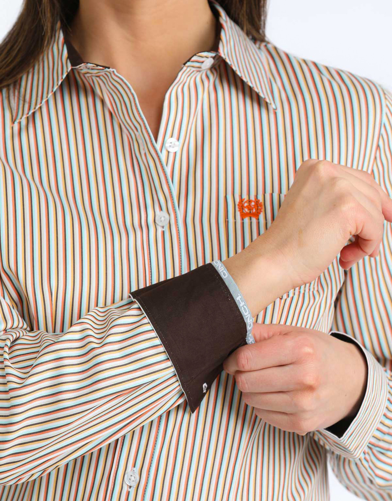 Cinch Women's Long Sleeve Stripe Button Down Shirt - Orange/Aqua