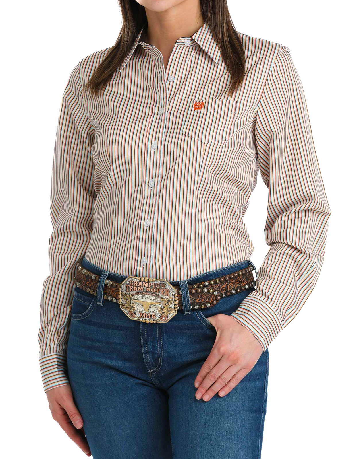 Cinch Women's Long Sleeve Stripe Button Down Shirt - Orange/Aqua