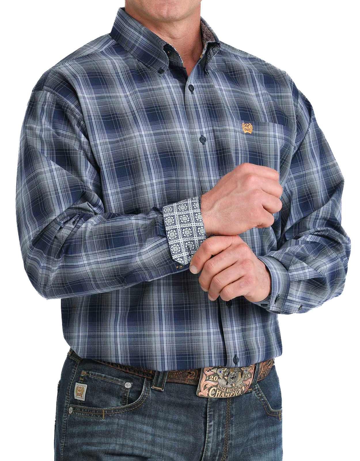 Cinch Men's Long Sleeve Plaid Button Down Shirt - Navy/Grey