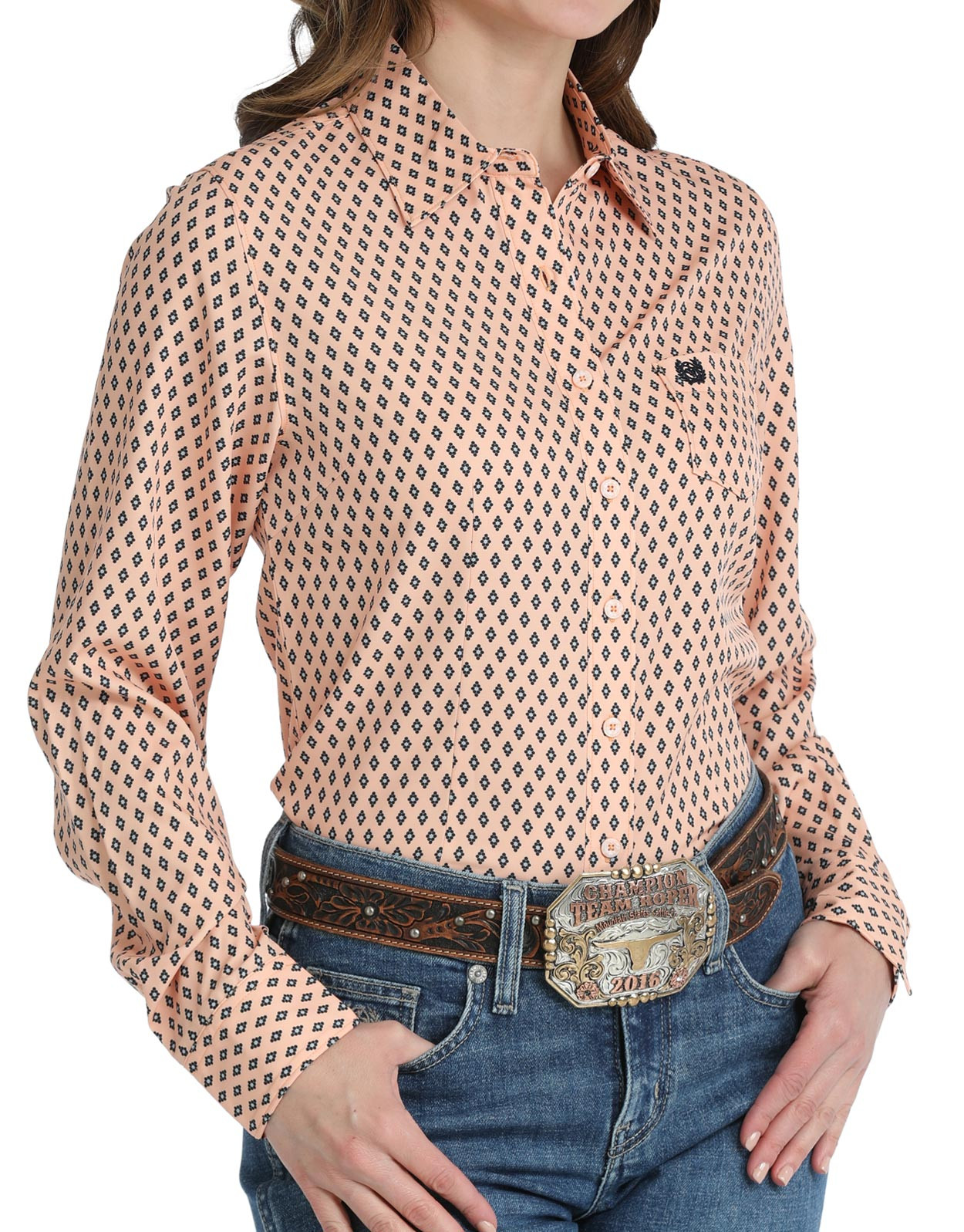 Cinch Women's Arenaflex Long Sleeve Print Button Down Shirt - Peach/Black