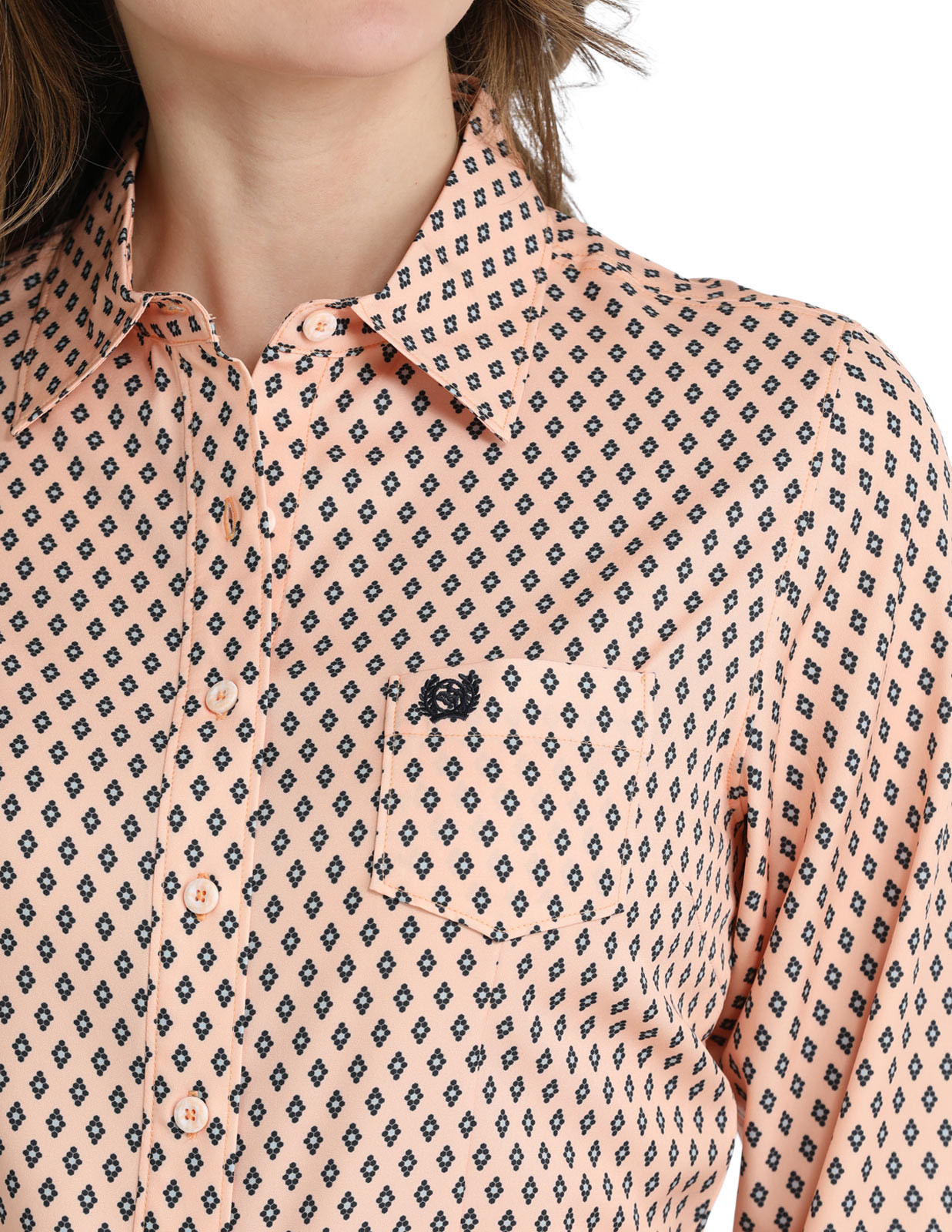 Cinch Women's Arenaflex Long Sleeve Print Button Down Shirt - Peach/Black