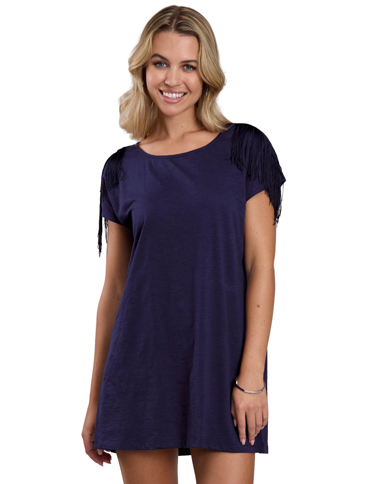 Roper Women's Short Sleeve Solid Fringe Dress - Blue