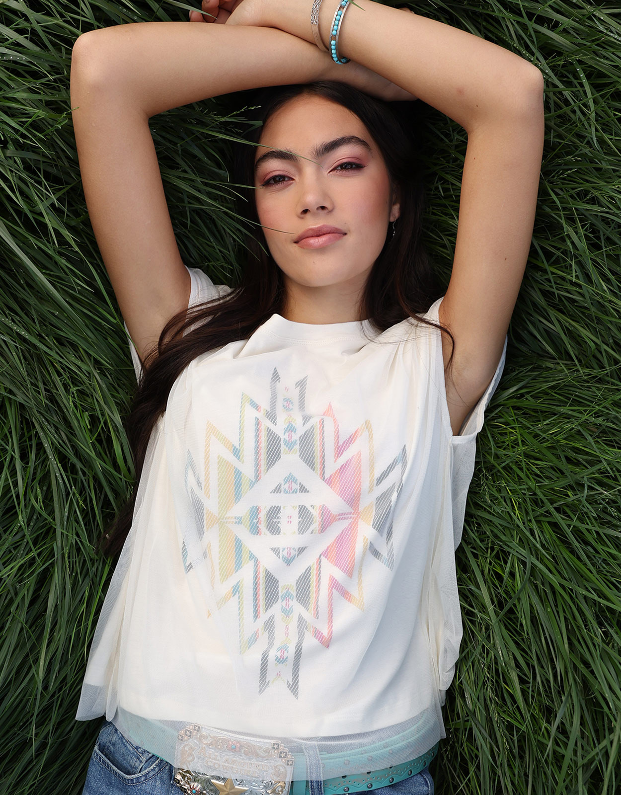 Cruel Women's Sleeveless Tulle Overlay Print Top - Cream