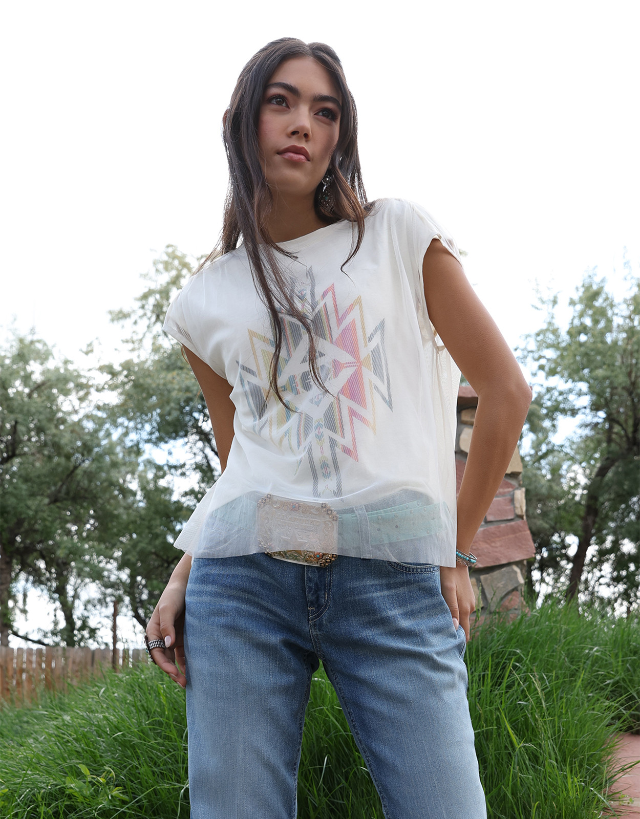 Cruel Women's Sleeveless Tulle Overlay Print Top - Cream