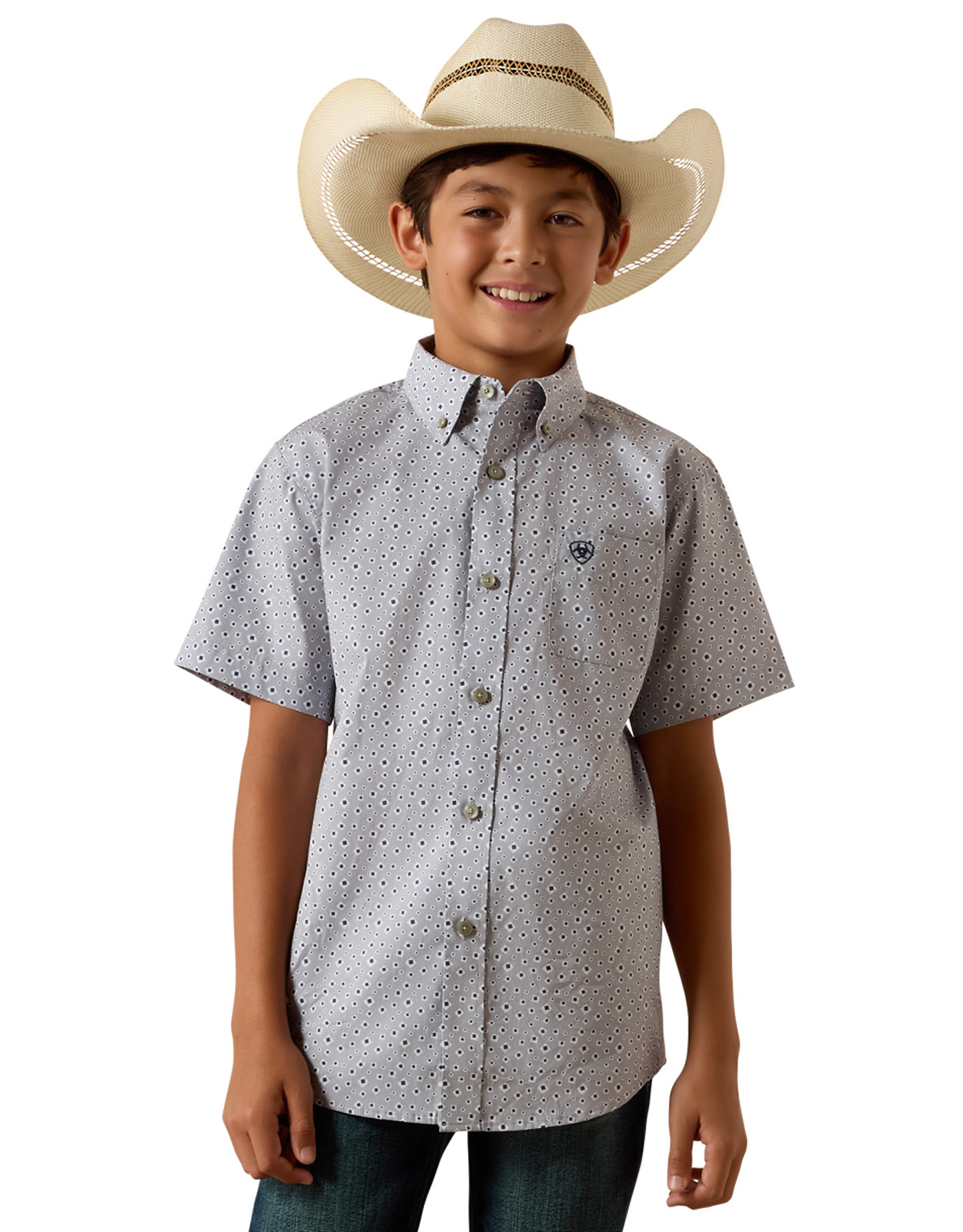 Ariat Boys' Casual Series Short Sleeve Print Button Down Shirt - Grey