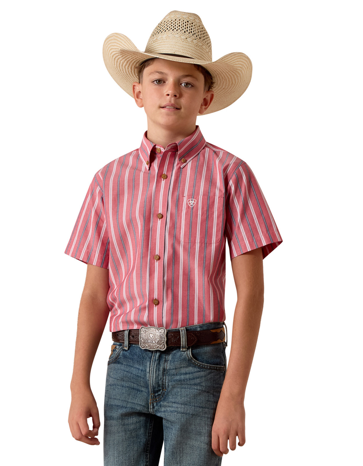 Ariat Boys' Pro Series Short Sleeve Stripe Button Down Shirt - Red/Gray