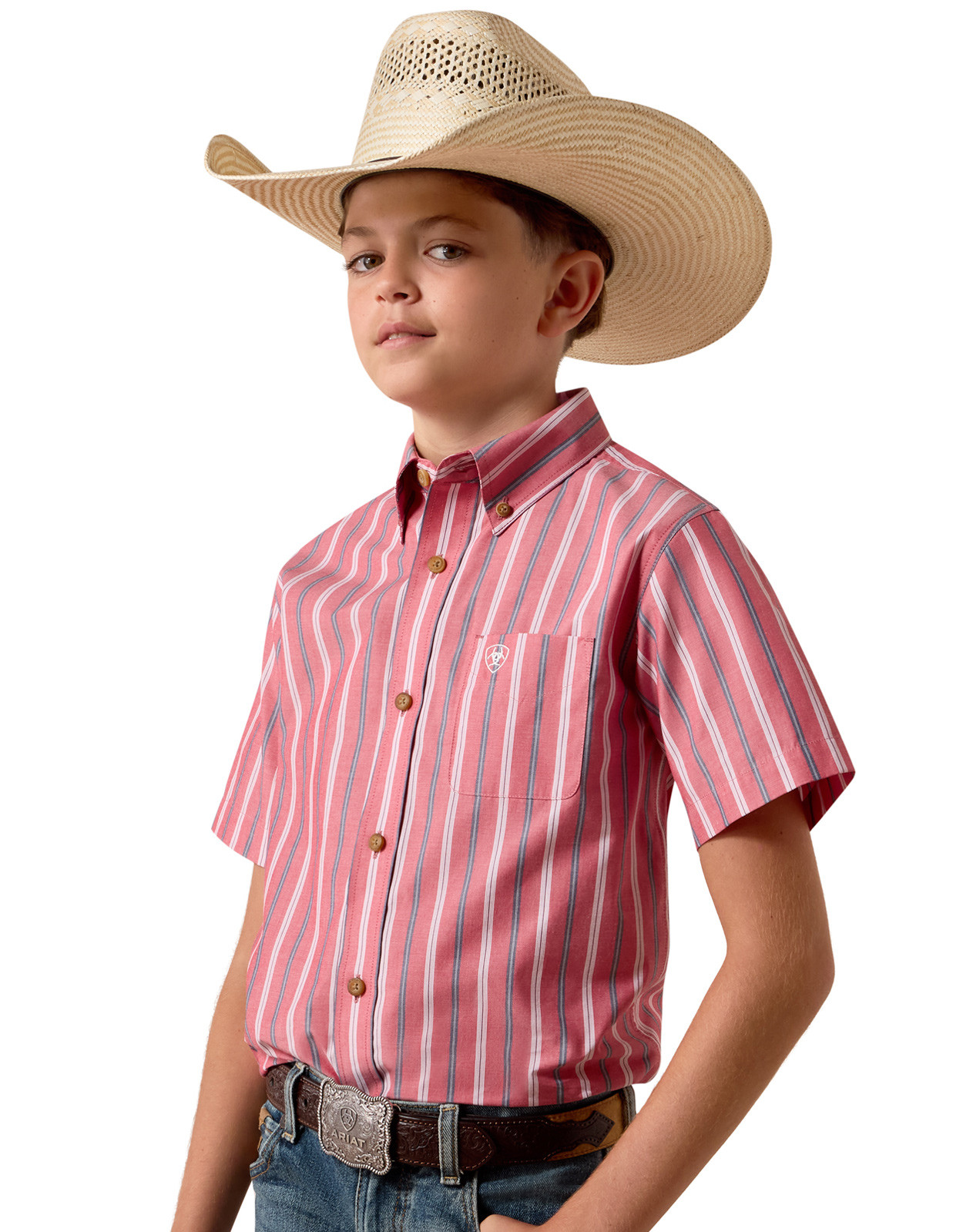 Ariat Boys' Pro Series Short Sleeve Stripe Button Down Shirt - Red/Gray
