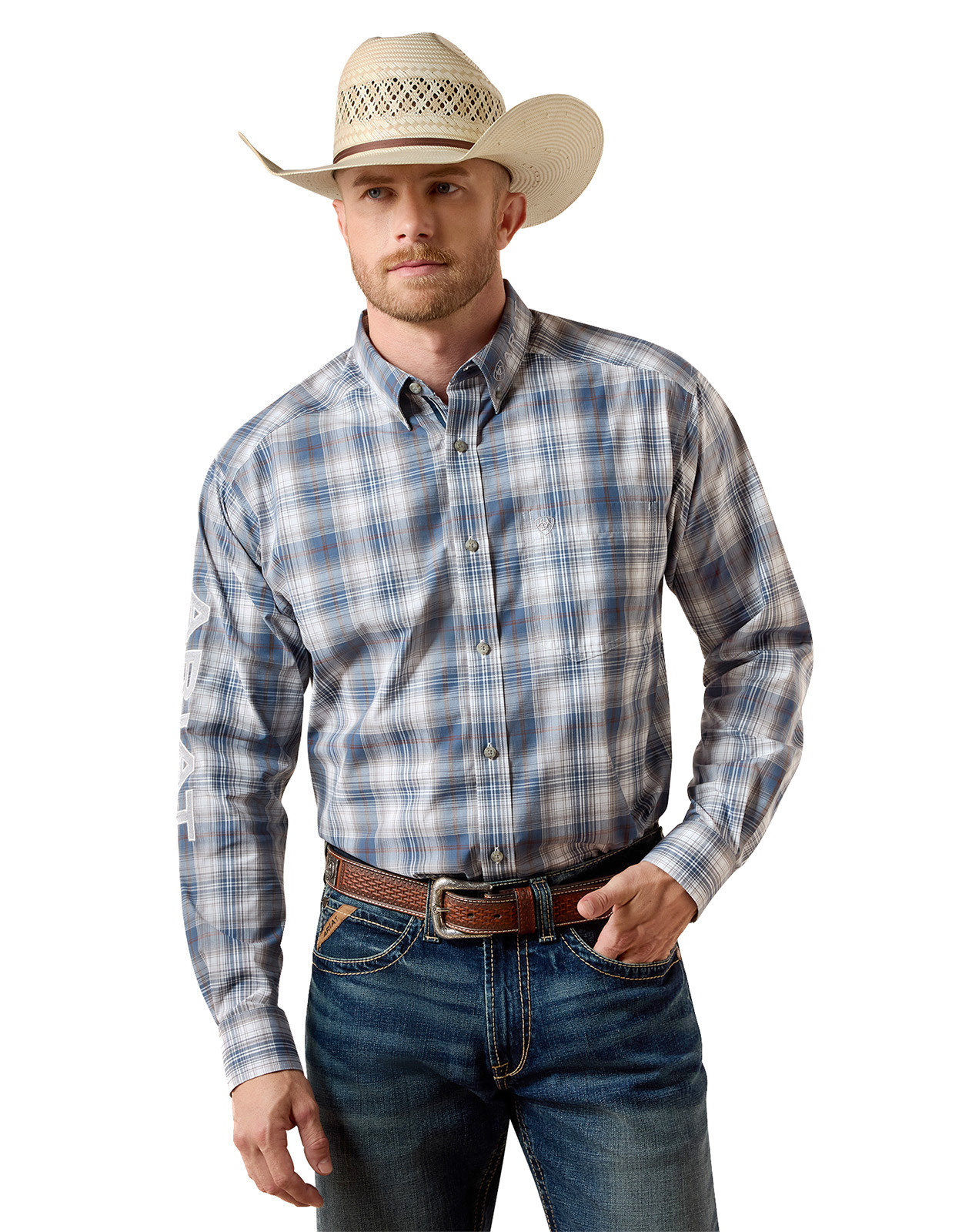 Ariat Men's Team Logo Long Sleeve Plaid Button Down Shirt - Blue/White