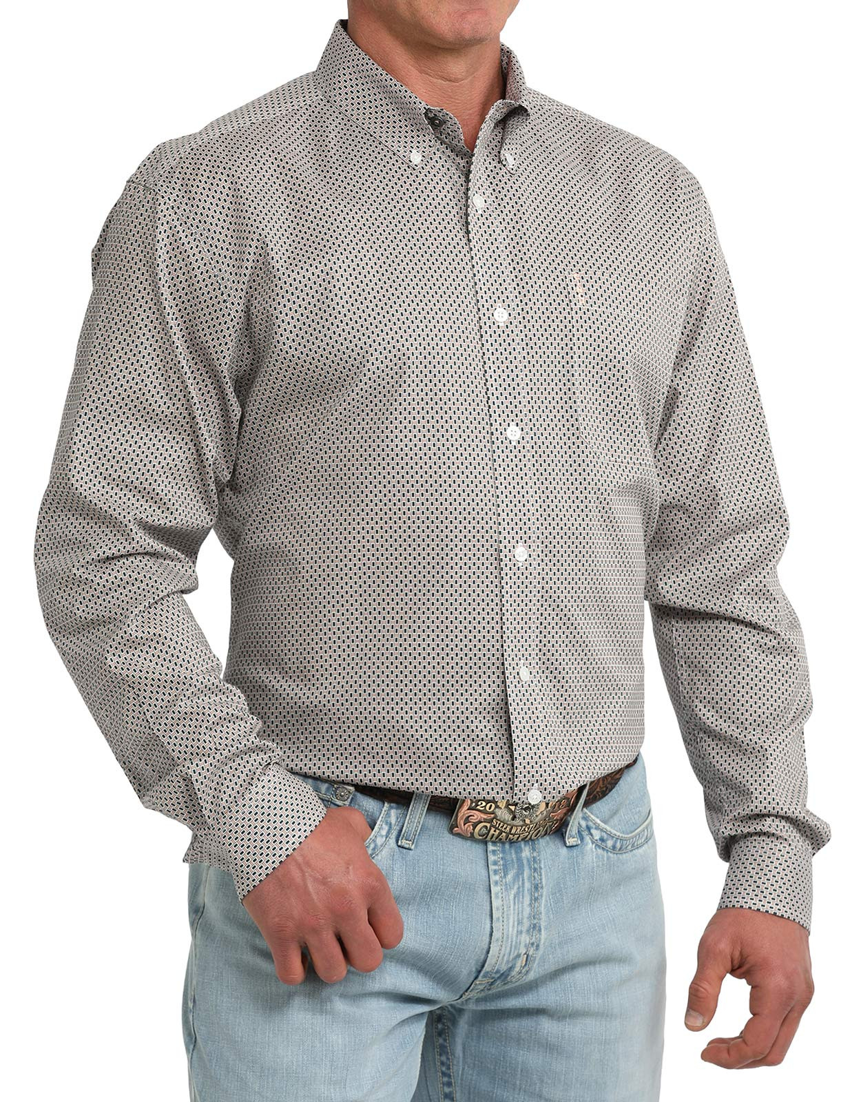 Cinch Men's Modern Fit Long Sleeve Print Button Down Shirt - Salmon/Navy