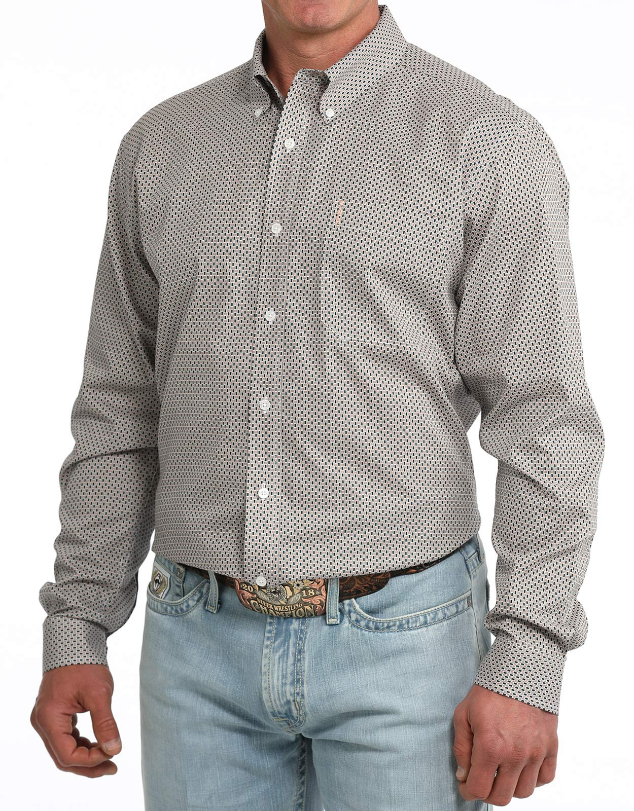 Cinch Men's Modern Fit Long Sleeve Print Button Down Shirt - Salmon/Navy