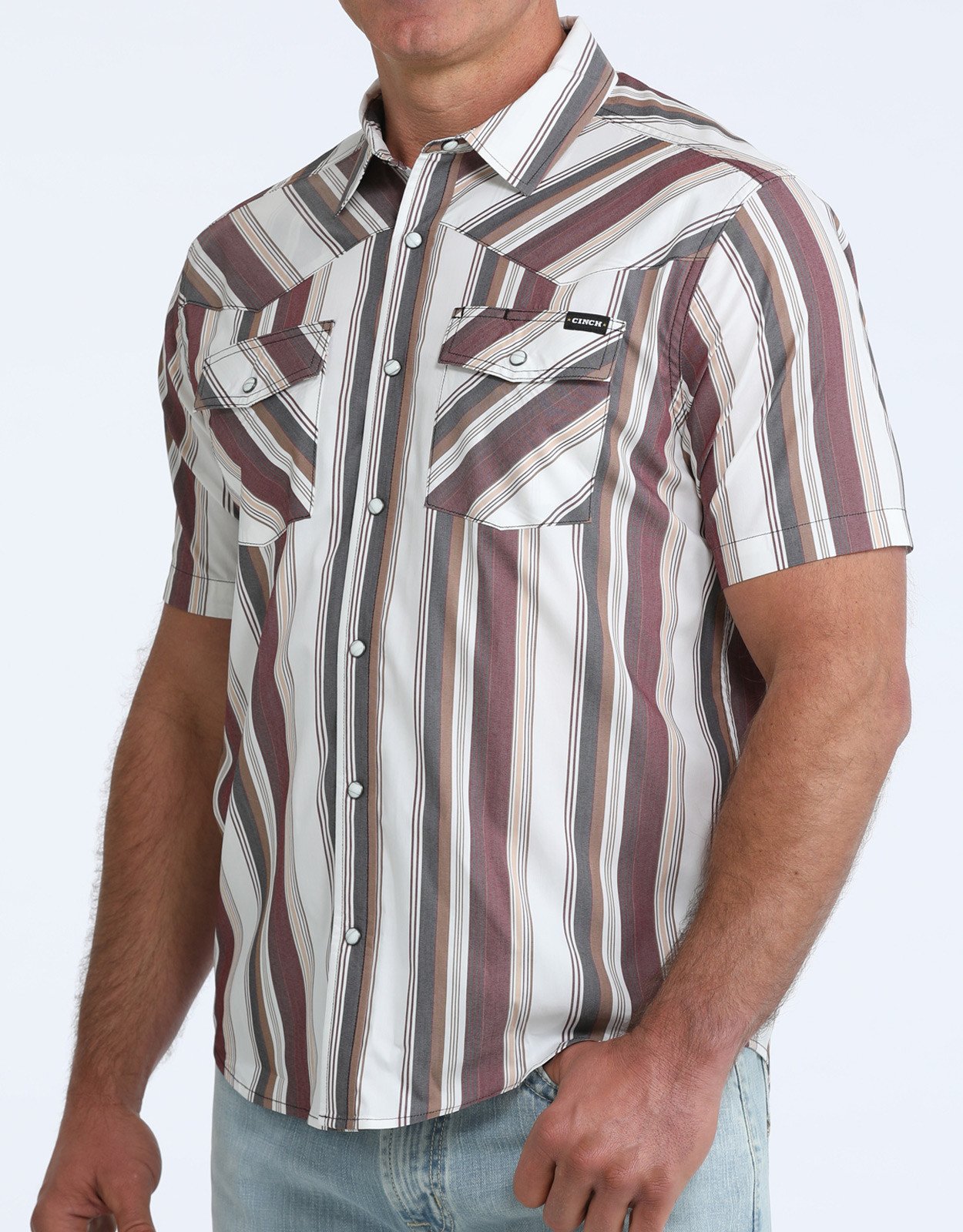 Cinch Men's Stretch Vented Short Sleeve Stripe Snap Shirt - White/Red