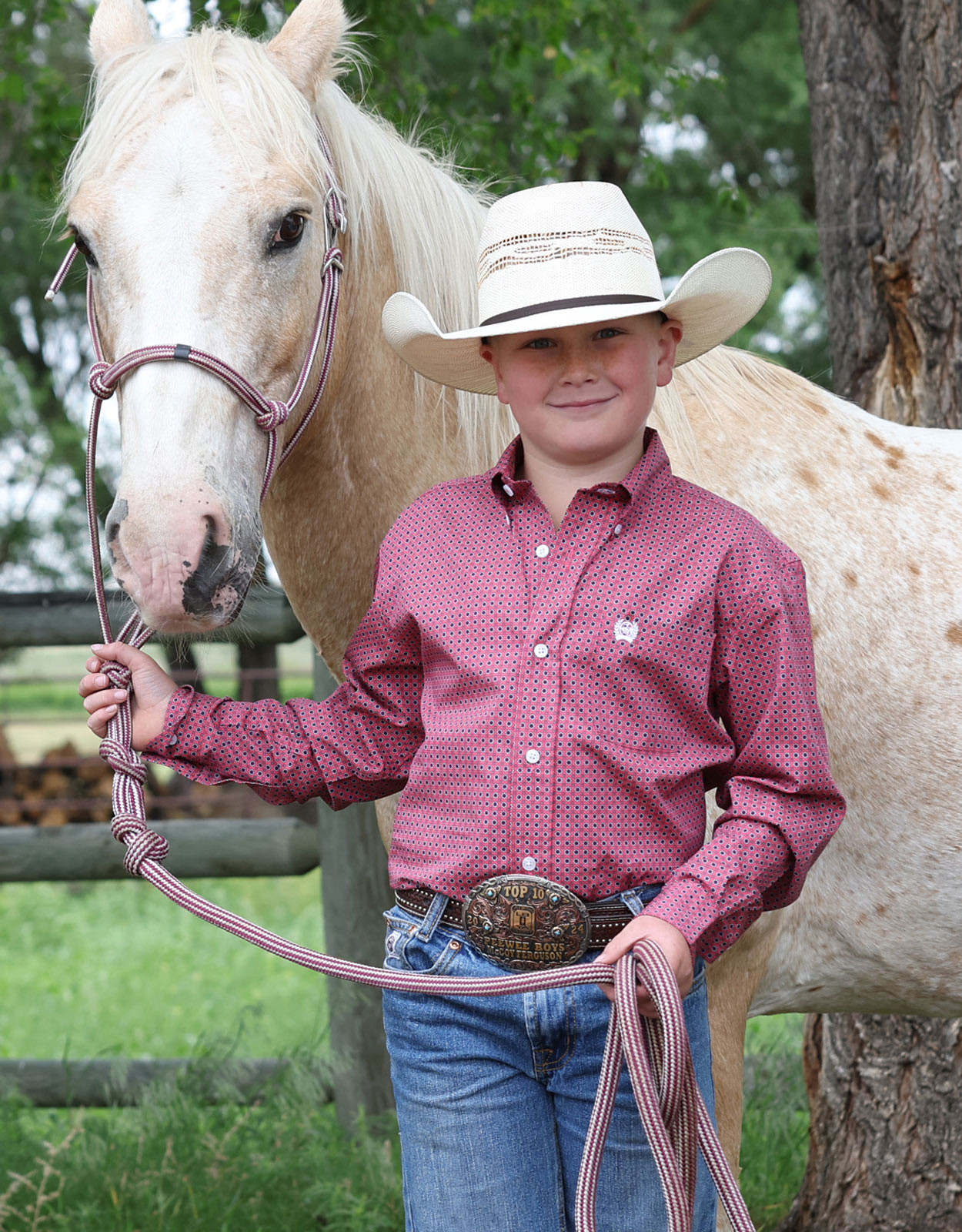 Cinch Boys' Long Sleeve Print Button Down Shirt - Pink/Grey