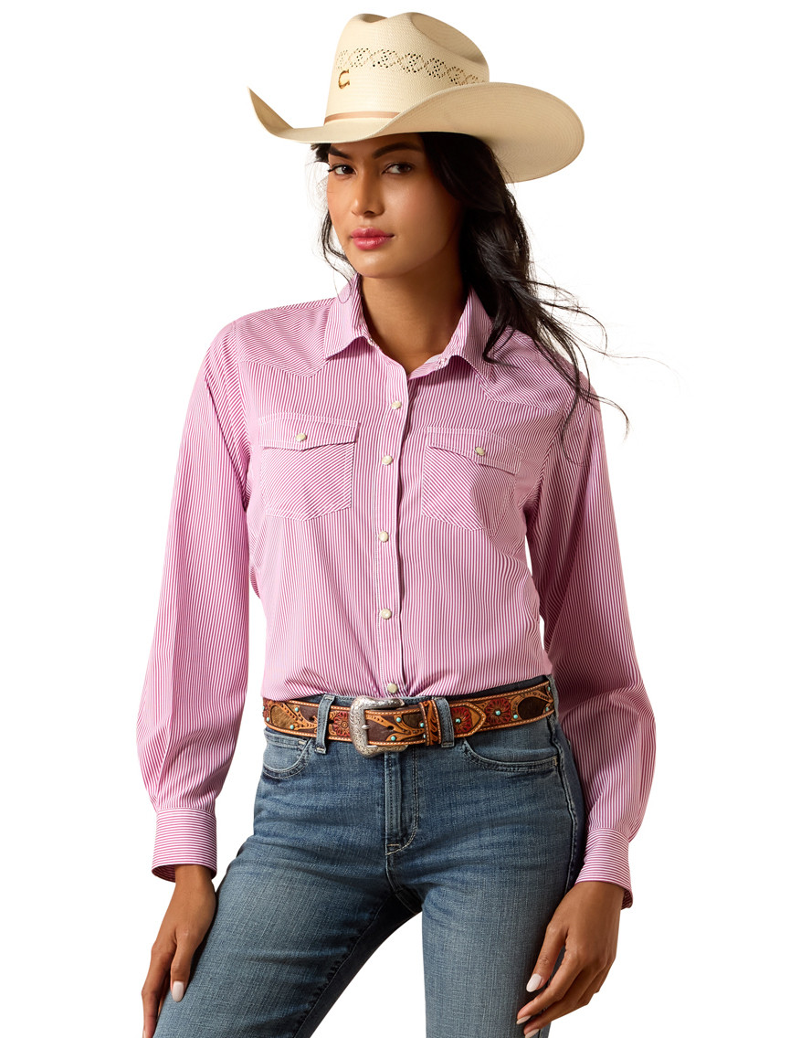 Ariat Women's VentTEK Long Sleeve Stripe Snap Shirt - Pink/White