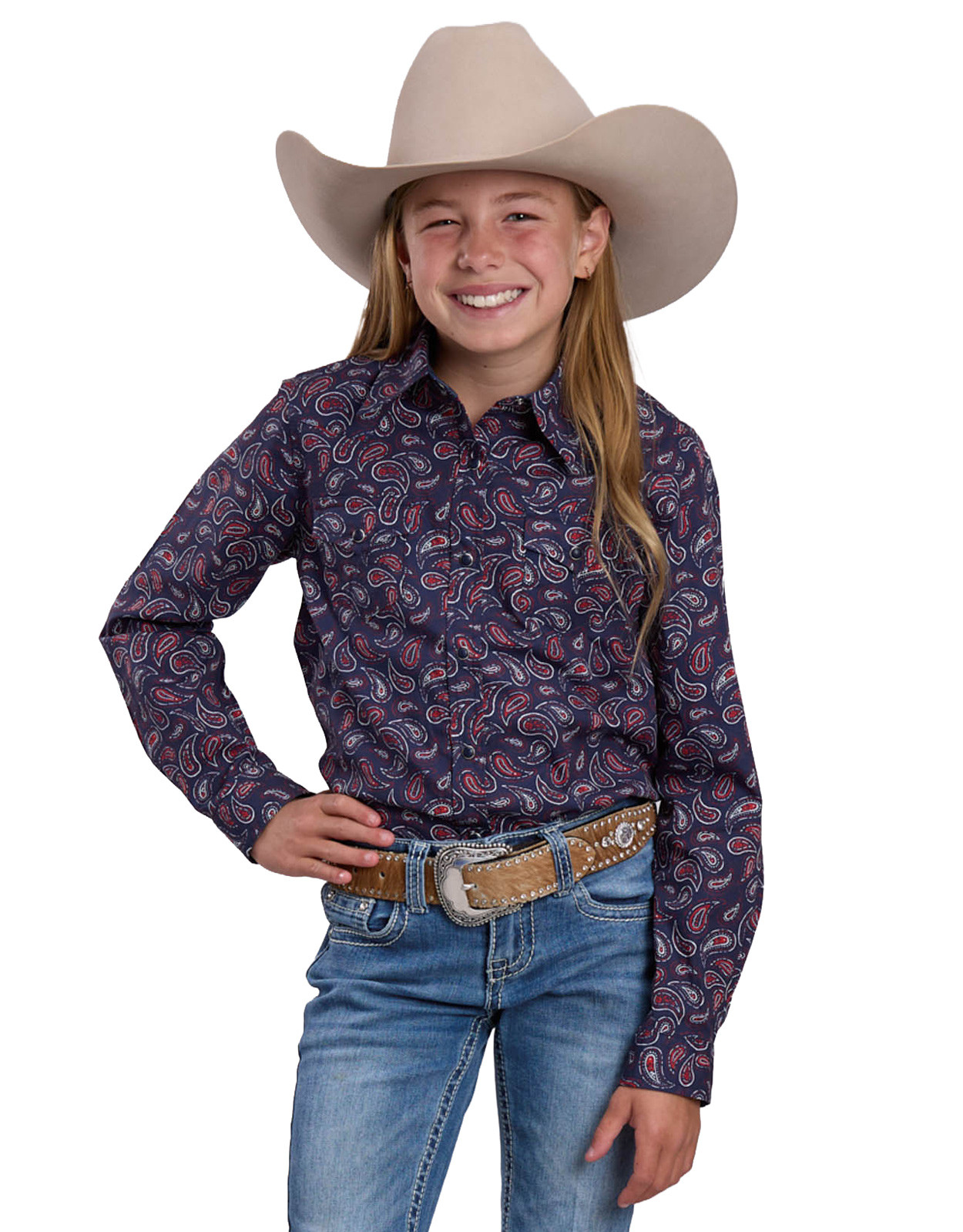 Roper Girls' Long Sleeve Print Snap Shirt - Blue/Red